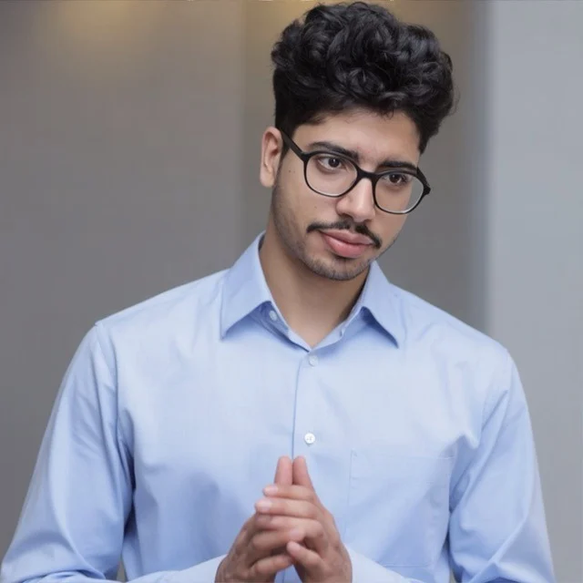 Ashish P. M. Or Ashish Physics Math as he call himself fondly, is a Physics and math tutor. In this photo he is looking sideways and downwards through his black spectacles. His hand is folded as if he is thinking deeply. he is wearing a sky blue shirt.