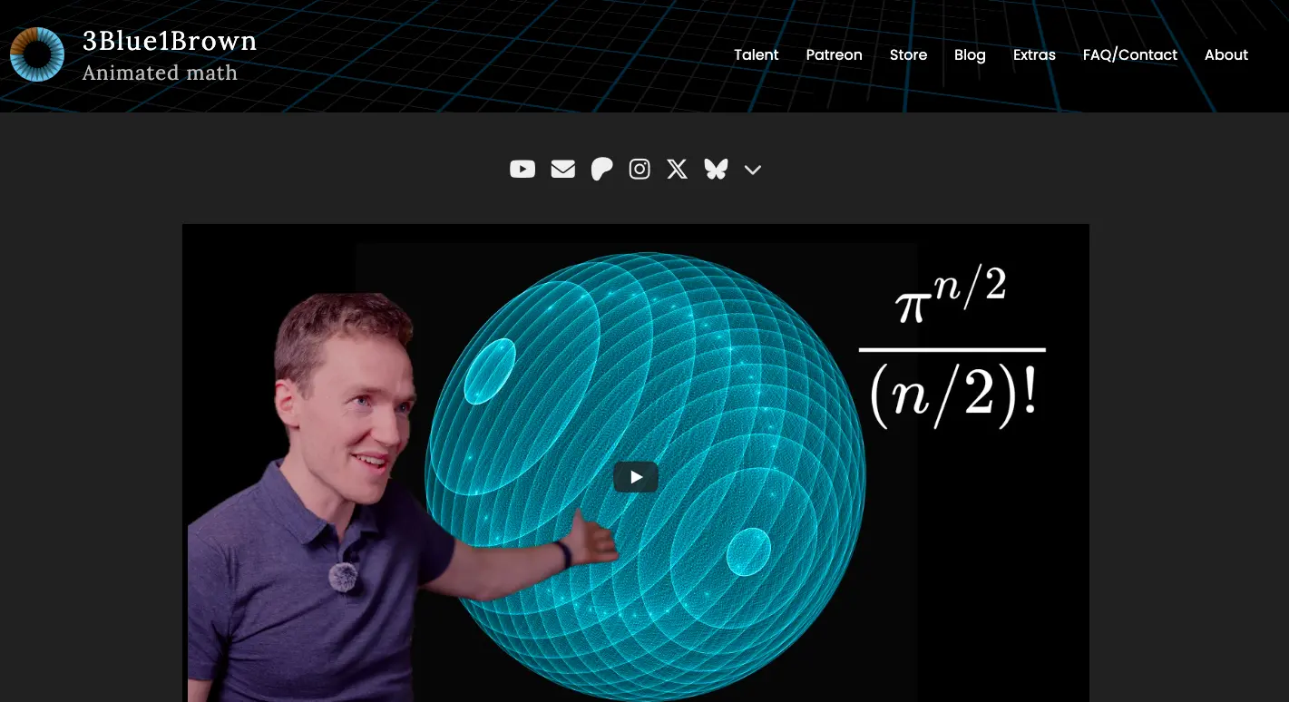 3Blue1Brown homepage featuring animated math video with Grant Sanderson explaining a 3D sphere and mathematical formula