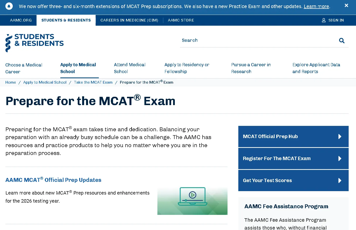 AAMC MCAT exam preparation webpage showing study resources, practice tests, and official prep tools for medical school applicants