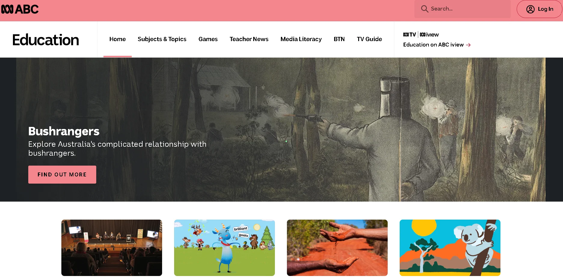 ABC Education homepage featuring free teaching resources, lesson plans, videos, and curriculum-aligned content for Australian students and teachers