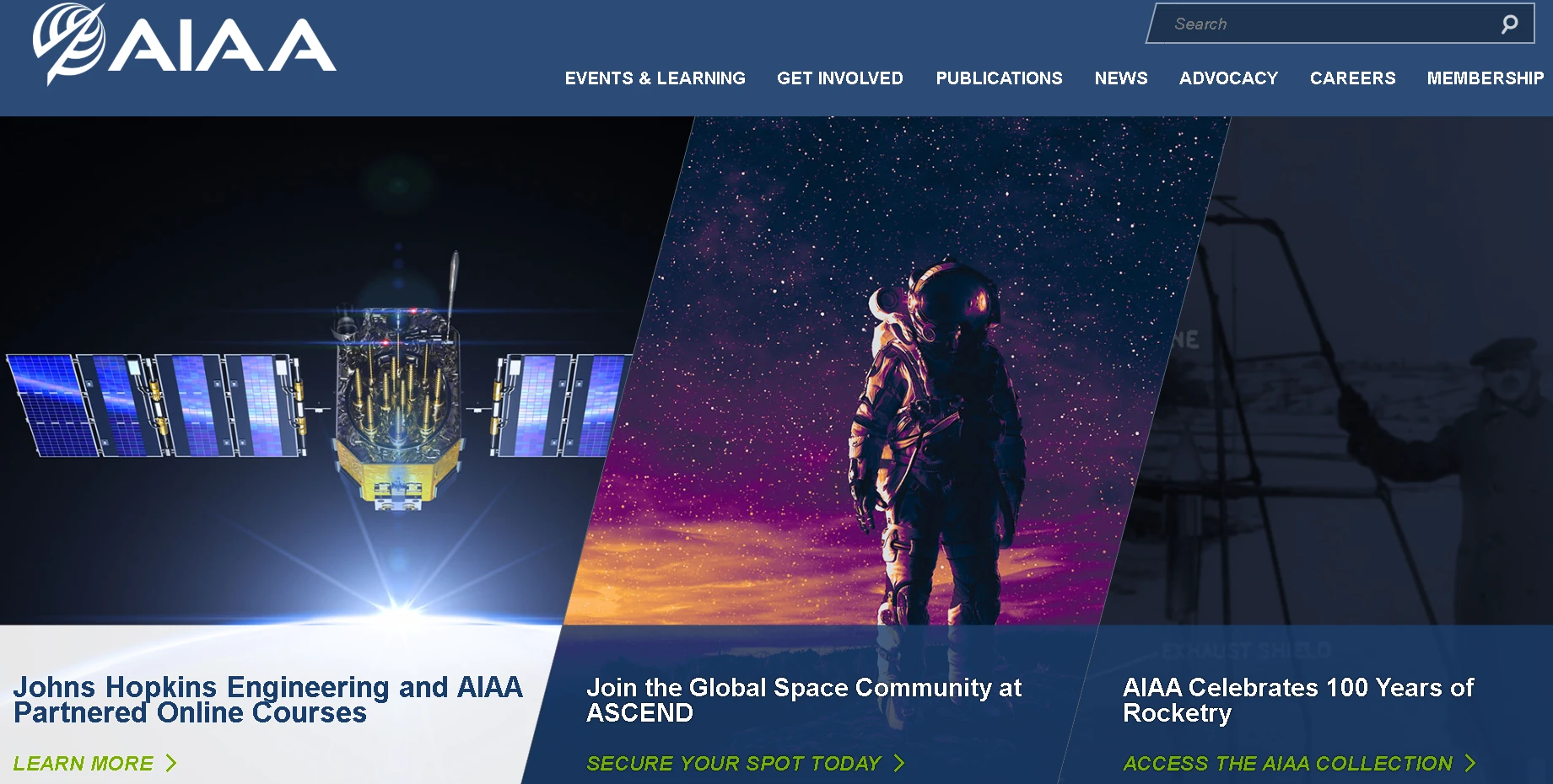 AIAA aerospace website banner featuring satellite, astronaut in space, and engineering innovation imagery