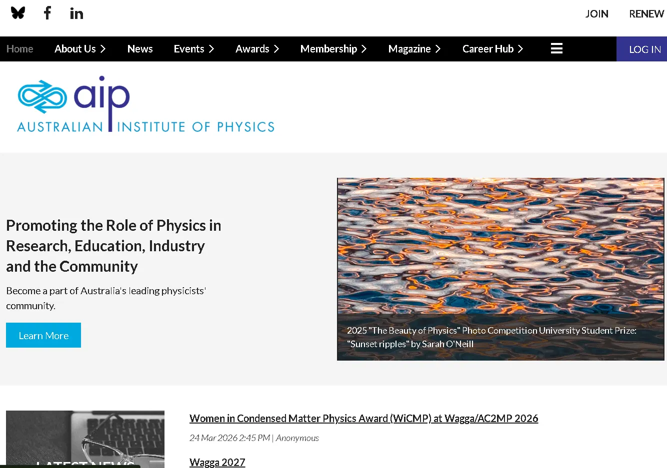 Australian Institute of Physics website showcasing physics research, education, and community initiatives