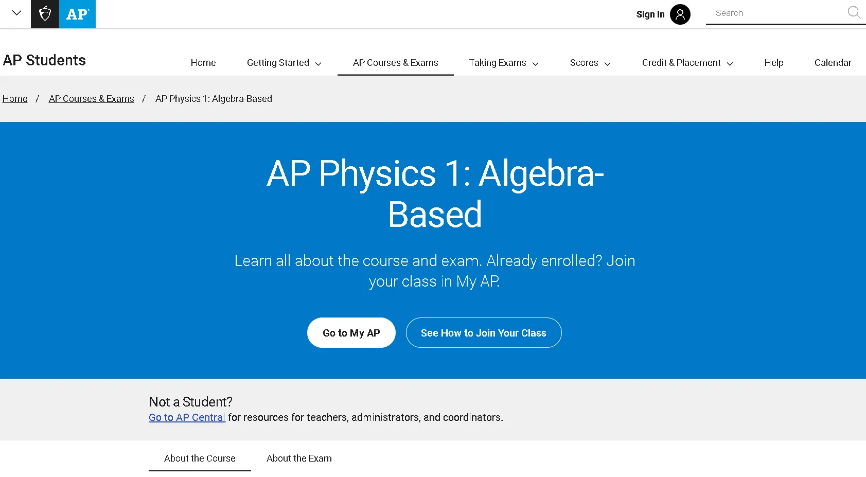 AP Physics 1 Algebra-Based course webpage showing mechanics topics, course units, and exam details by College Board