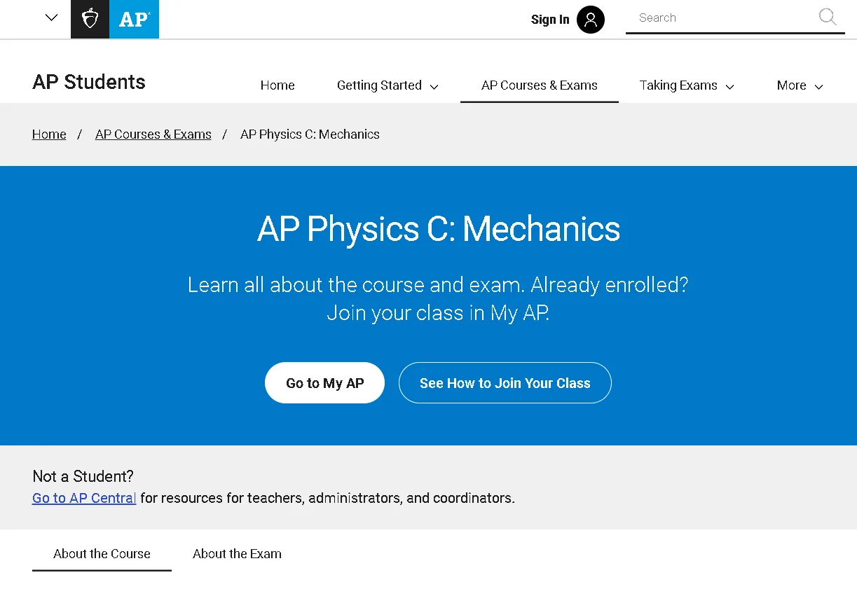 AP Physics C Mechanics course page showing calculus-based physics topics like motion, forces, energy, and rotational dynamics by College Board