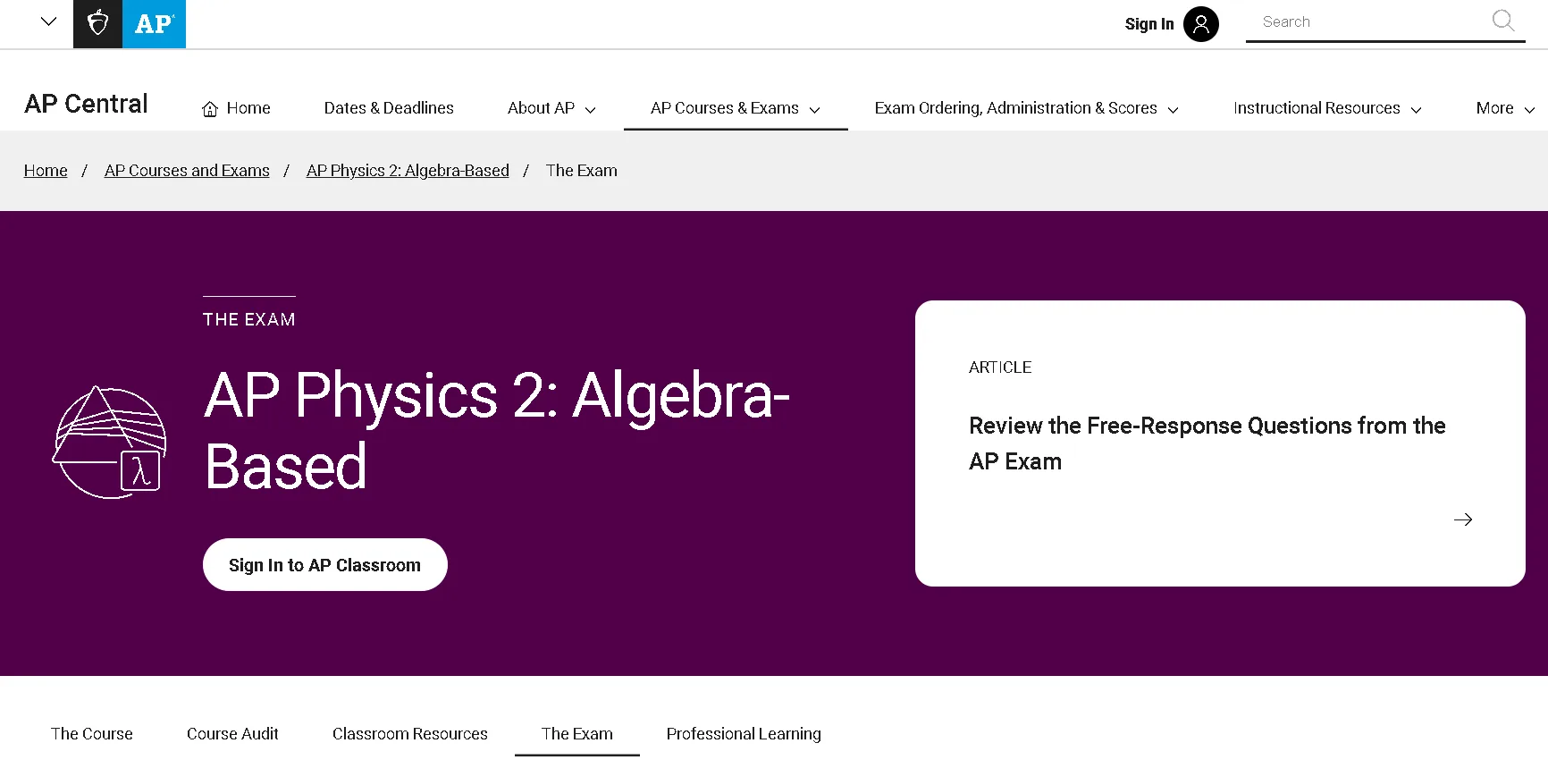 AP Physics 2 Algebra-Based exam webpage showing exam format, multiple-choice and free-response sections, and scoring details by College Board