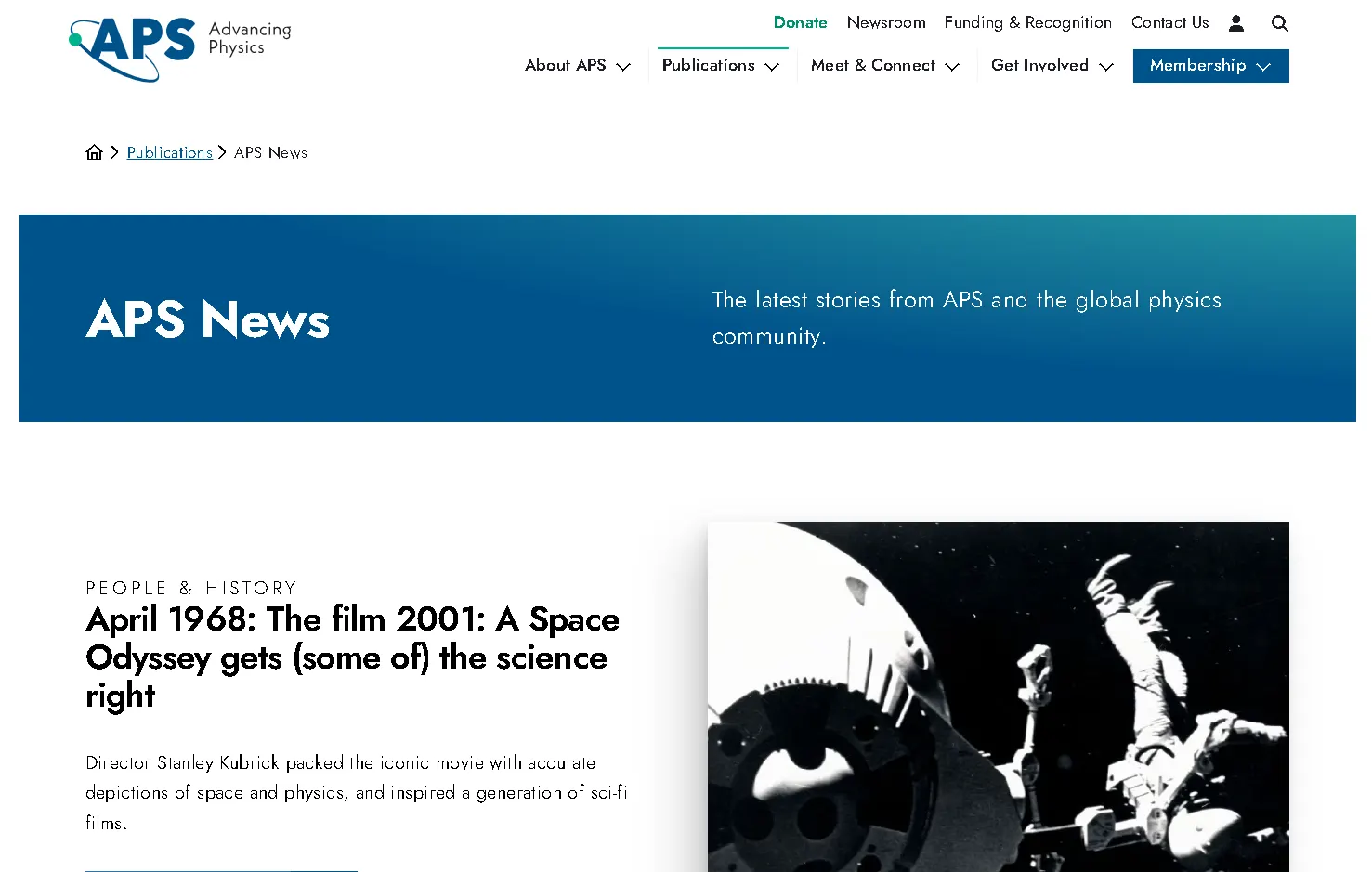 APS News section showcasing physics research updates and global science community stories