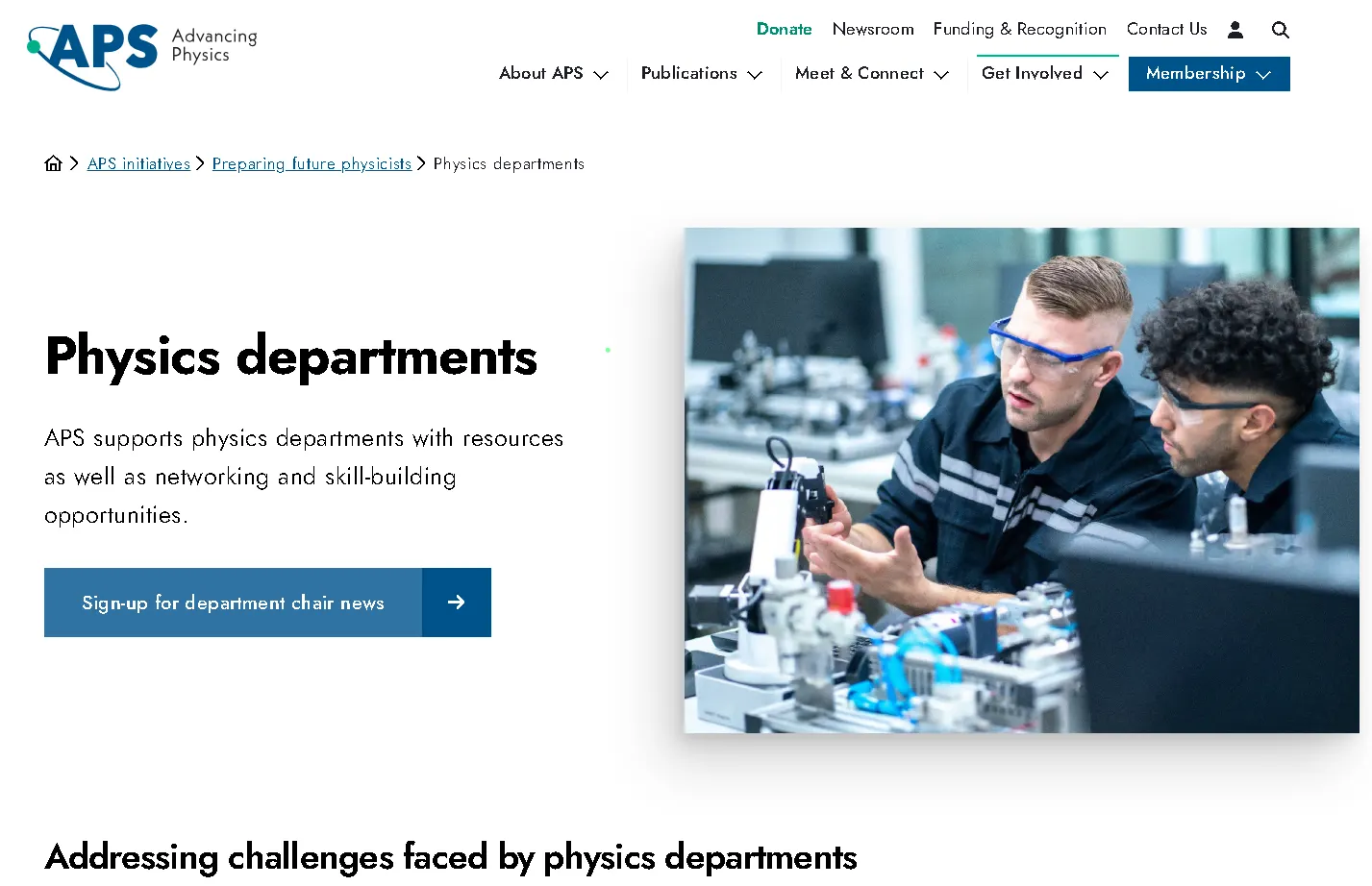 APS physics education departments page showcasing programs for improving university physics teaching and diversity