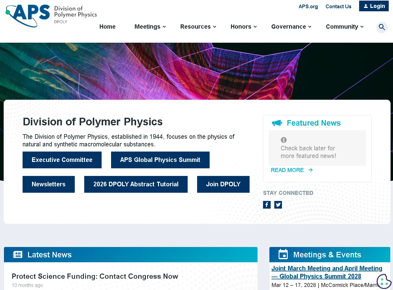 APS Division of Polymer Physics DPOLY homepage featuring research community, news, events, and polymer physics resources