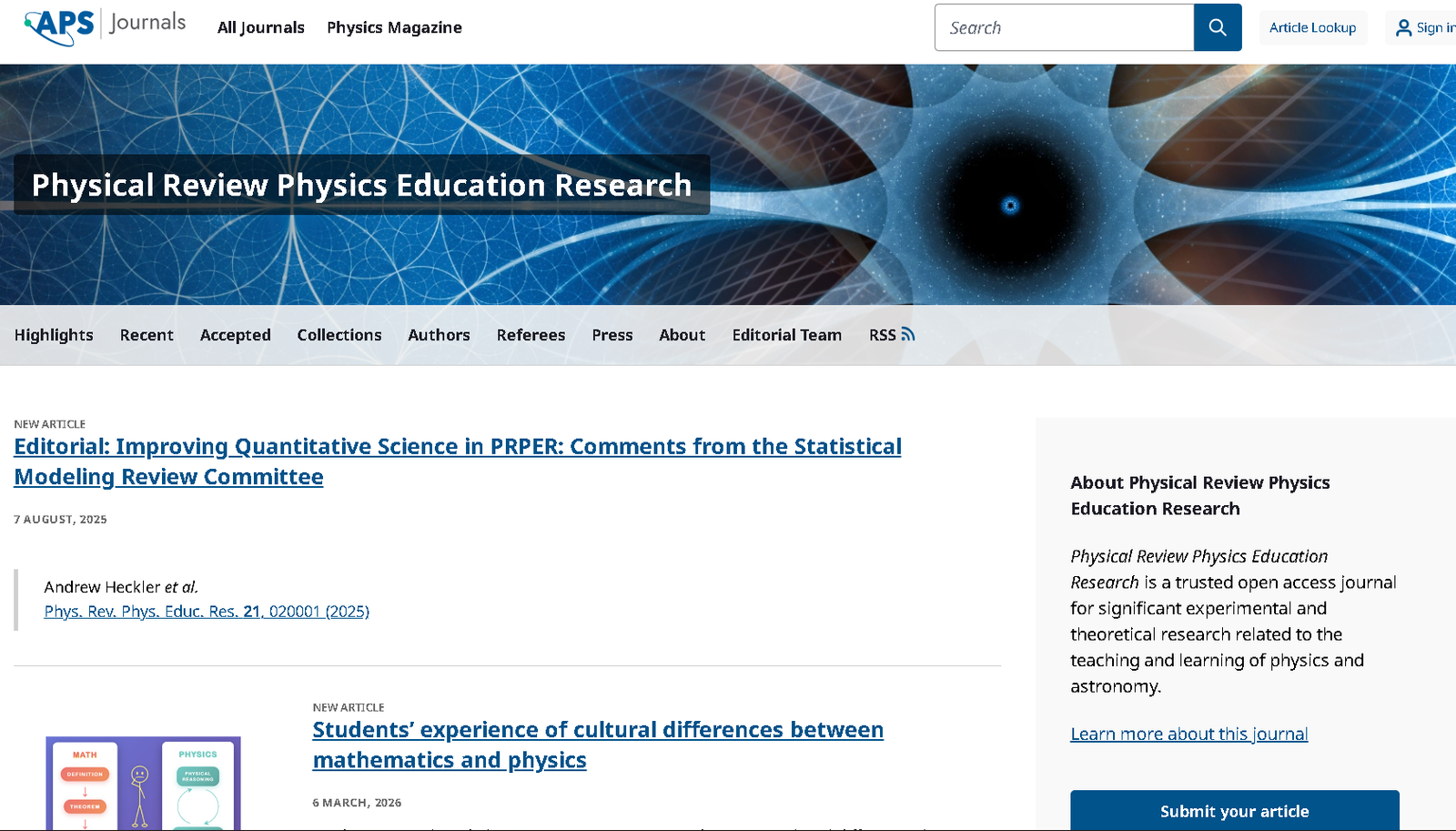 APS Journals website showing Physical Review Physics Education Research (PRPER) journal page with articles on physics education and quantitative science research.