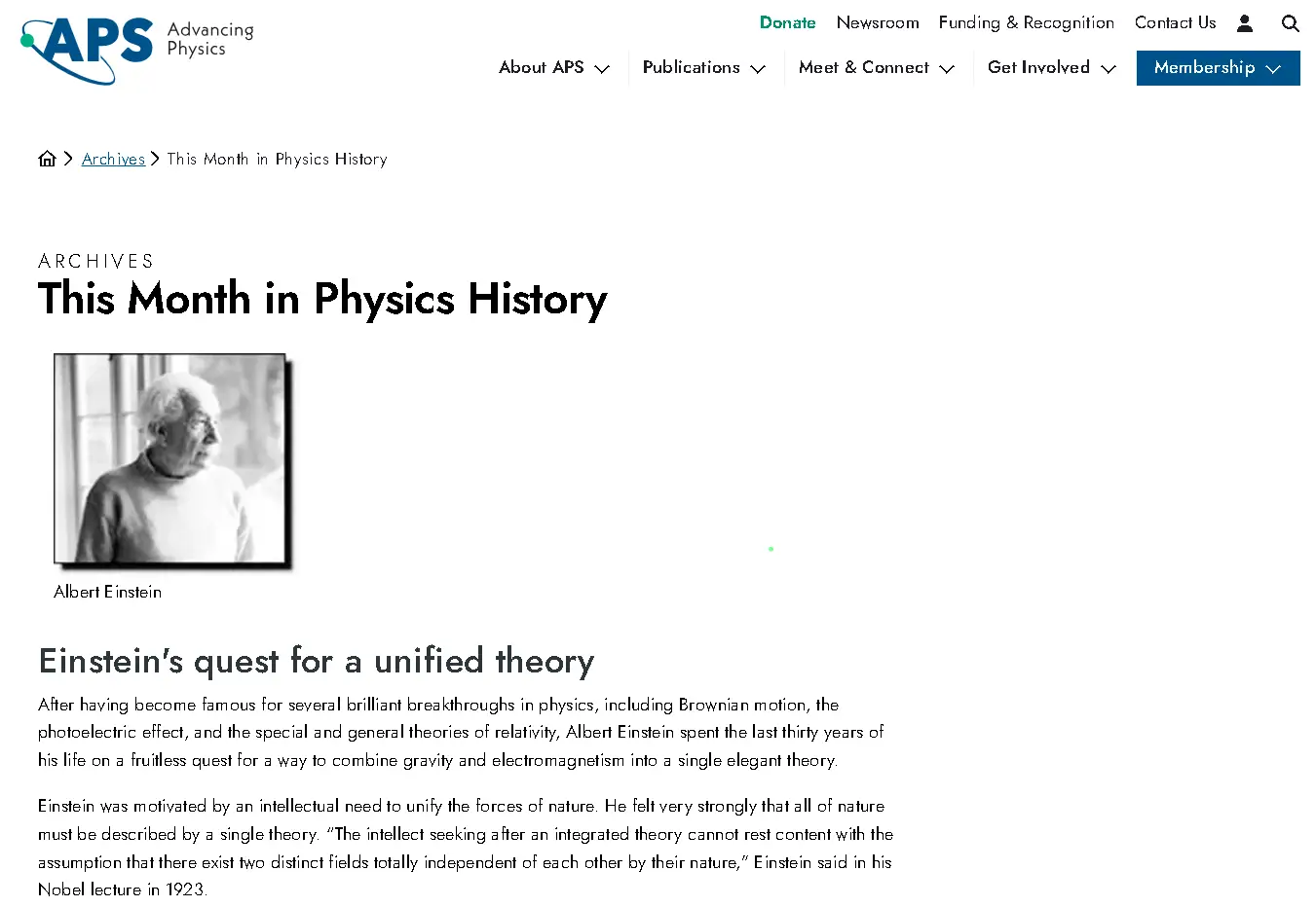 APS News history article page highlighting historical developments and milestones in physics research and the scientific community