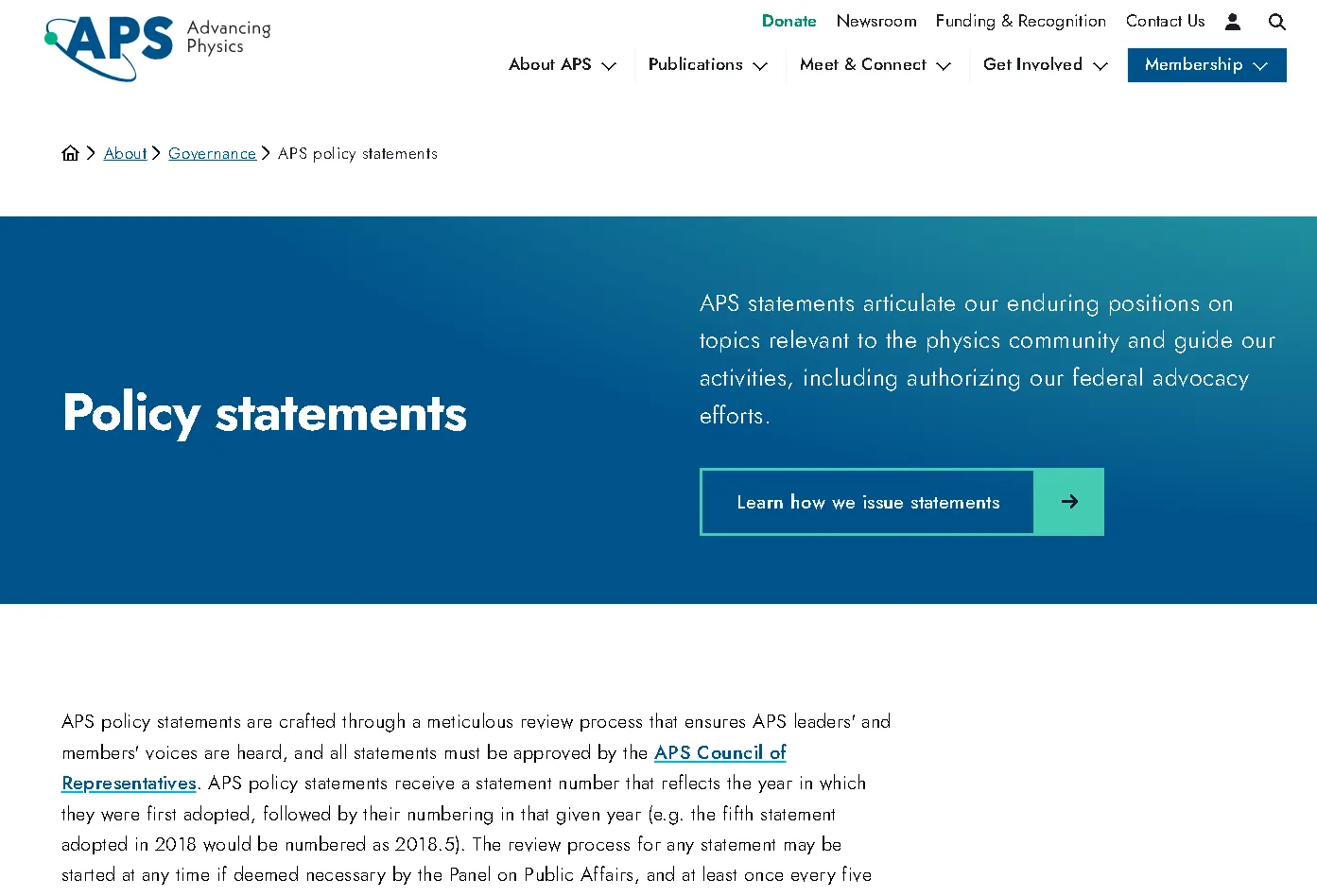 APS policy statements webpage showing governance guidelines, science policy positions, and advocacy priorities of the American Physical Society