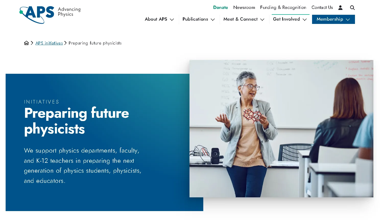 APS physics education initiatives page featuring programs, teaching resources, and diversity efforts for physics students and educators