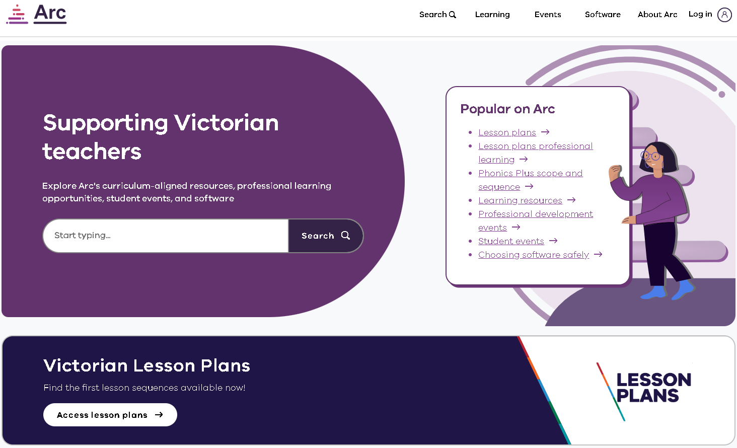 ARC Education website homepage showing resources and lesson plans supporting Victorian teachers with curriculum-aligned learning materials.
