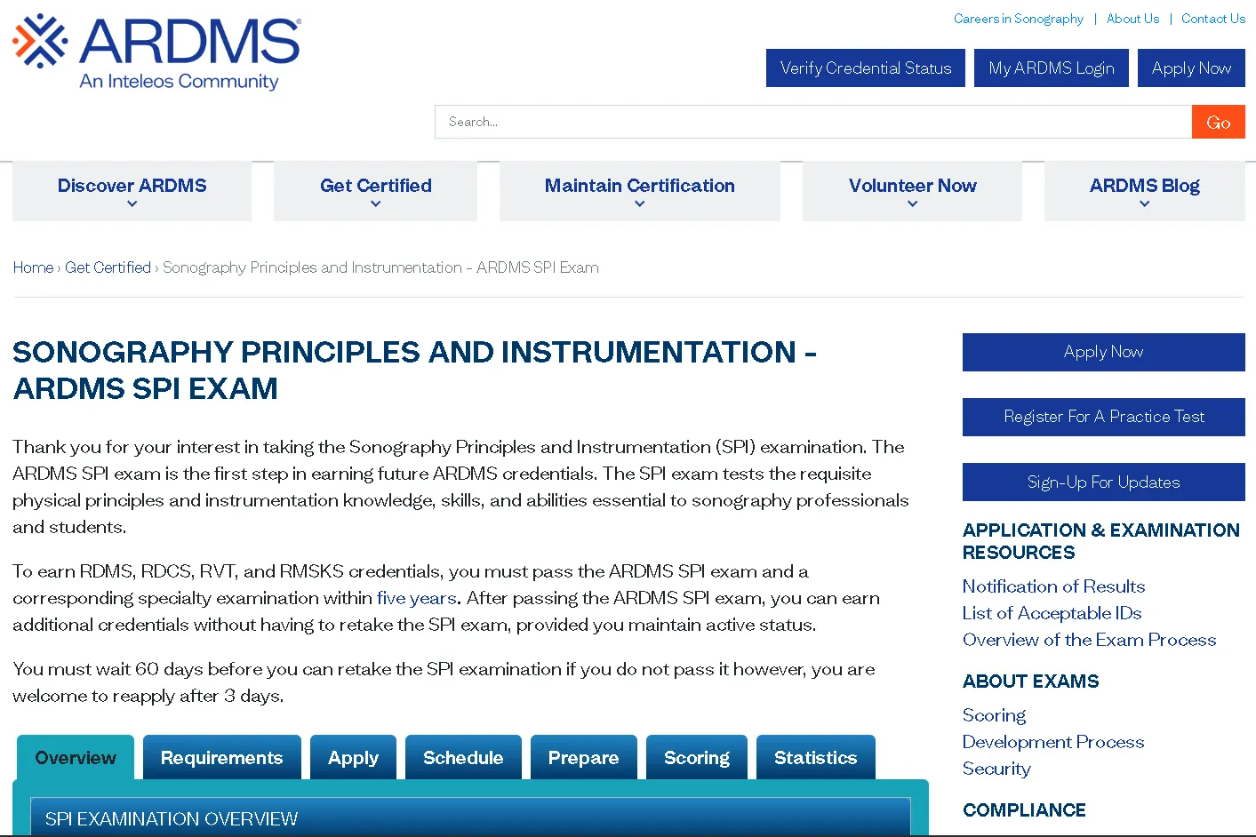 ARDMS SPI certification webpage showing Sonography Principles and Instrumentation exam details, requirements, and application process