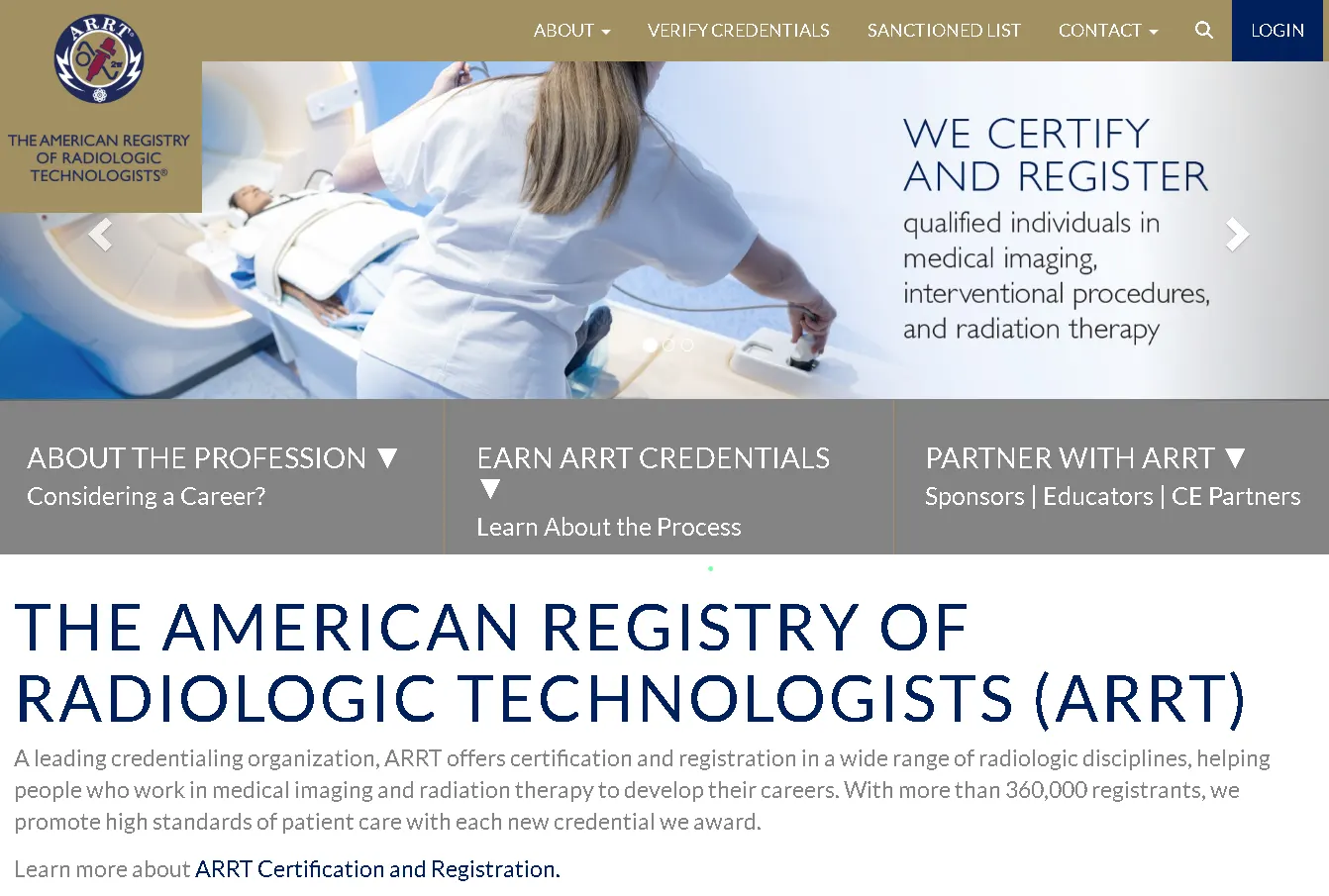 ARRT website homepage featuring radiologic technologist certification, registration resources, and medical imaging career information