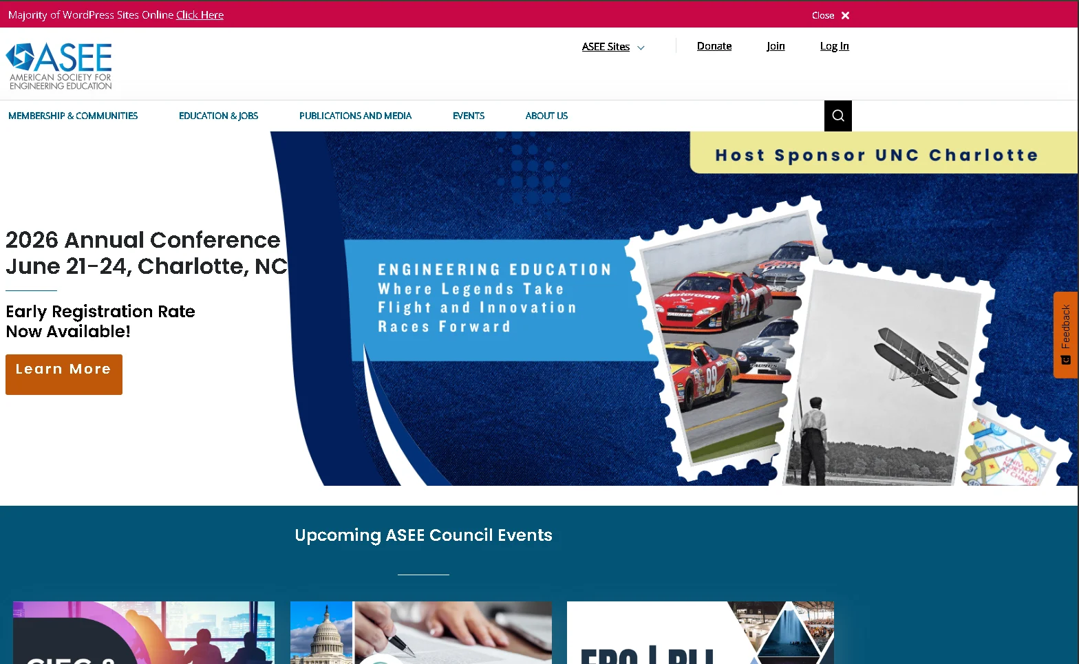 American Society for Engineering Education website homepage featuring engineering education programs, research publications, and academic community resources