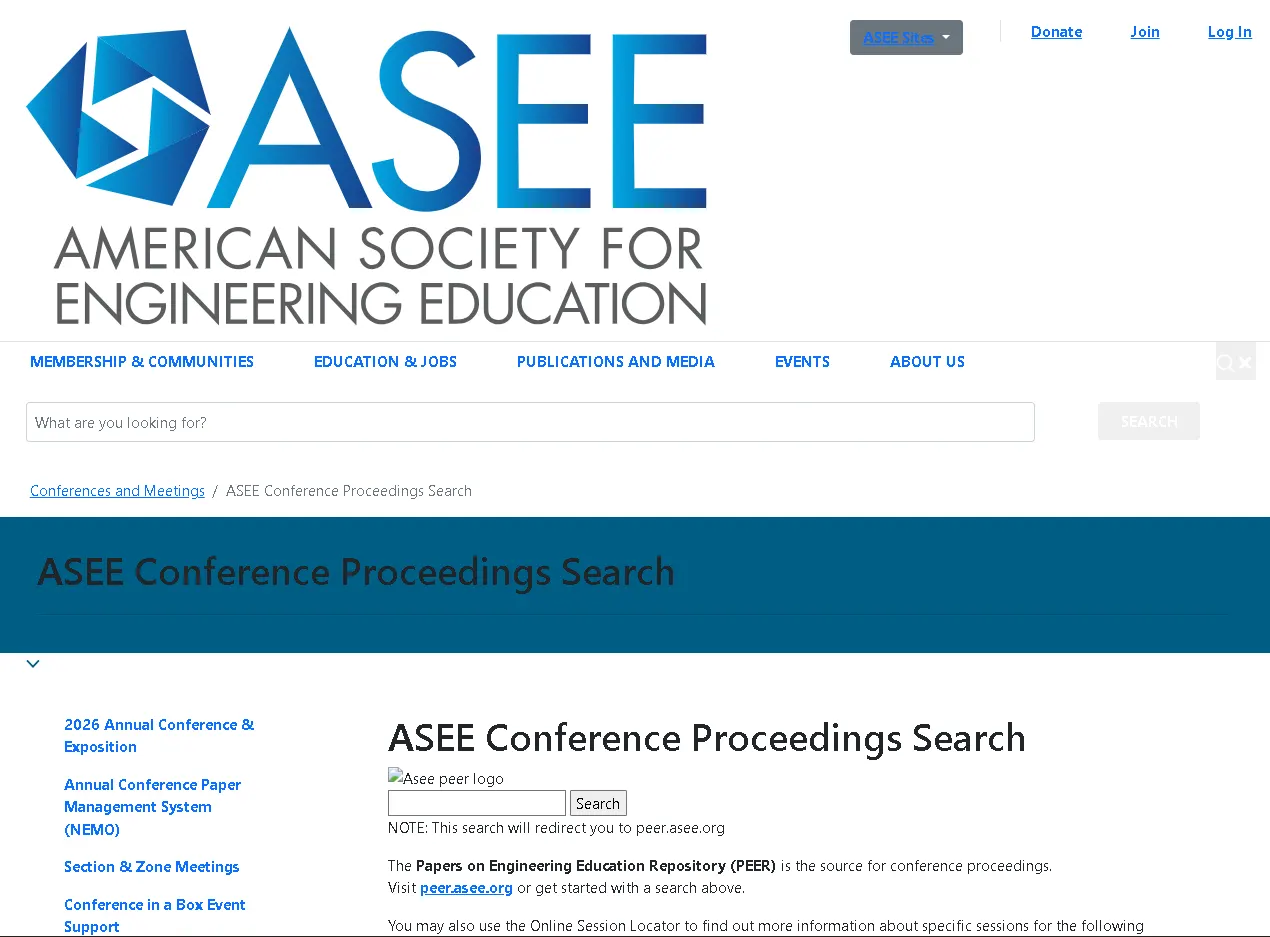 ASEE conference proceedings search page with engineering education resources and navigation menu