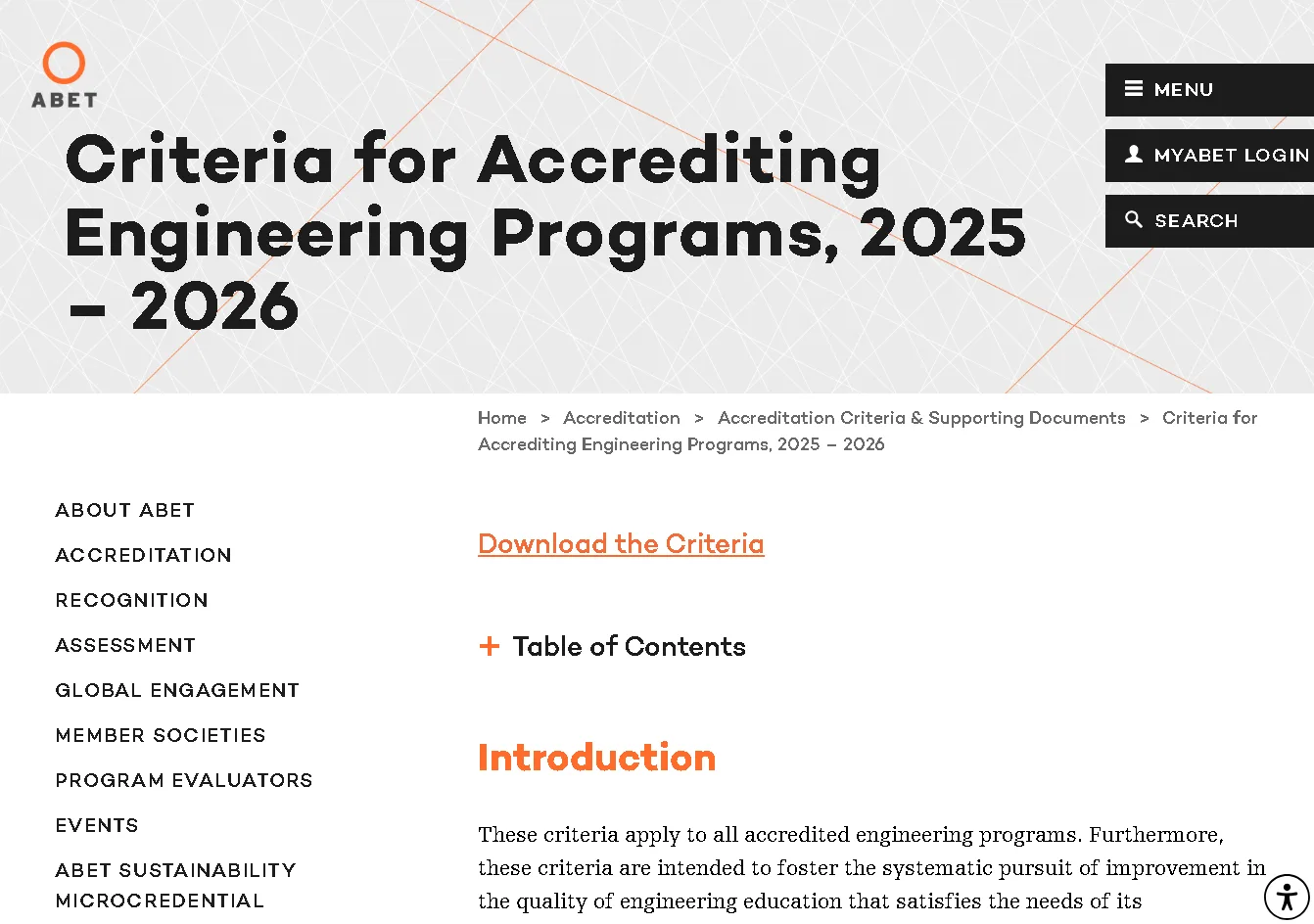ABET criteria for accrediting engineering programs 2025-2026 webpage with accreditation standards and guidelines