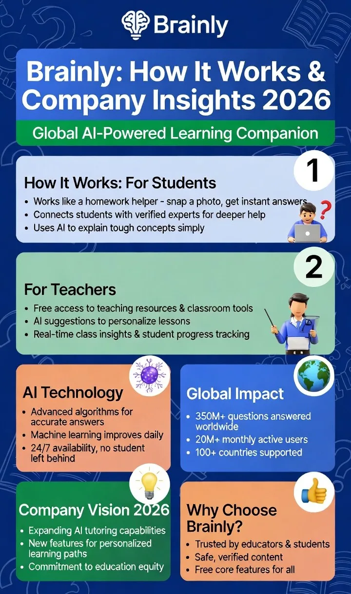 Infographic titled “Brainly: How It Works & Company Insights 2026” summarizing student and teacher features, AI technology, global impact stats, and 2026 vision.