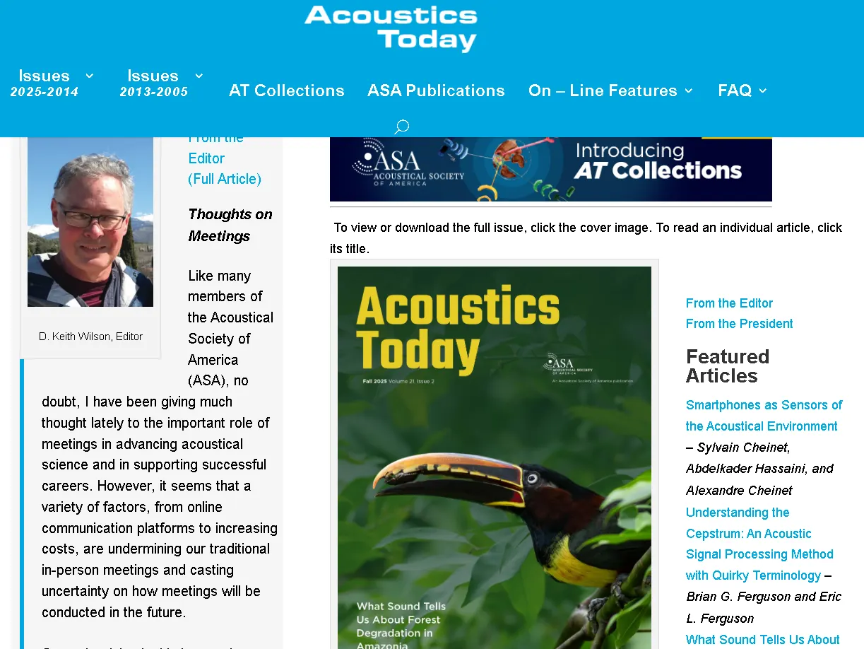 Acoustics Today magazine webpage featuring ASA publications, editor section, and acoustic science articles