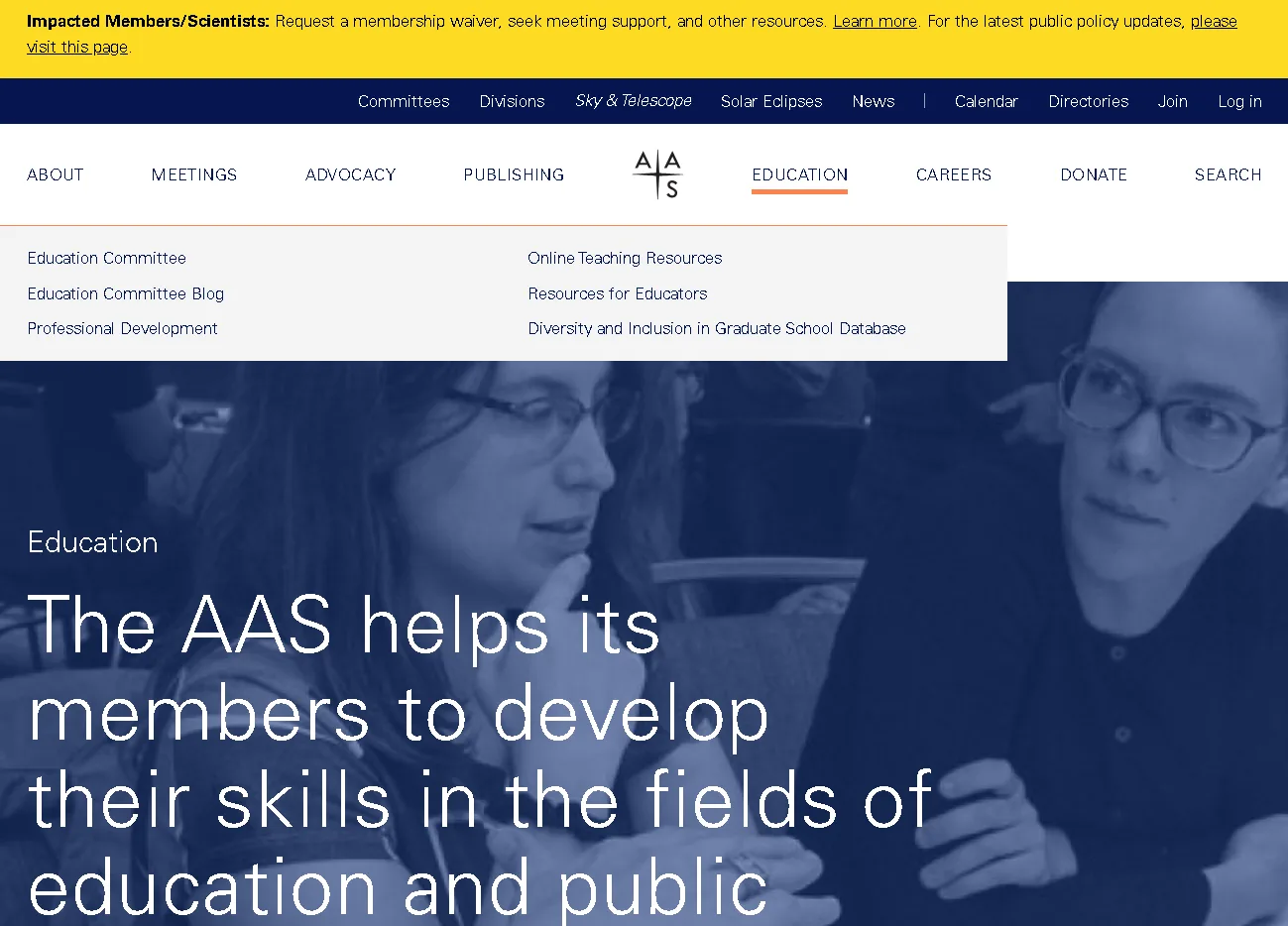 American Astronomical Society education page featuring astronomy resources, student guides, outreach programs, and teaching tools