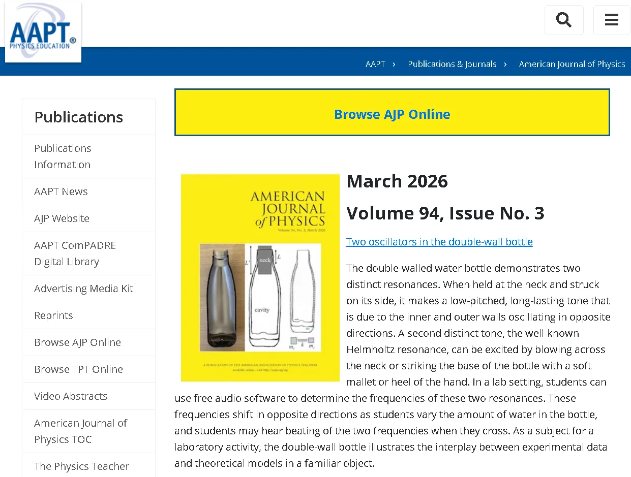 American Journal of Physics March 2026 Volume 94 Issue 3 cover showing double-wall bottle experiment demonstrating two oscillators and Helmholtz resonance