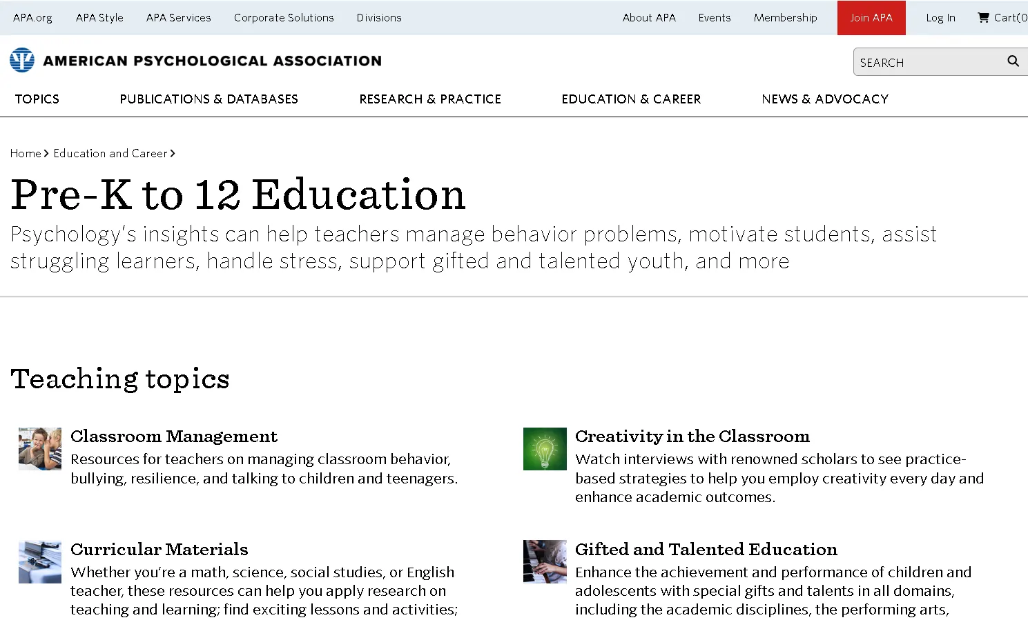 APA K-12 education and career webpage showing psychology teaching resources, lesson plans, and career guidance for students and educators