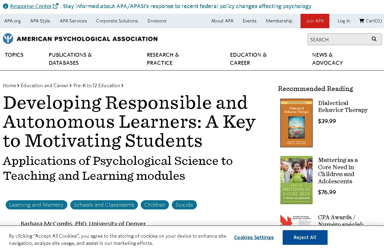 American Psychological Association education article on motivating students and developing autonomous learners