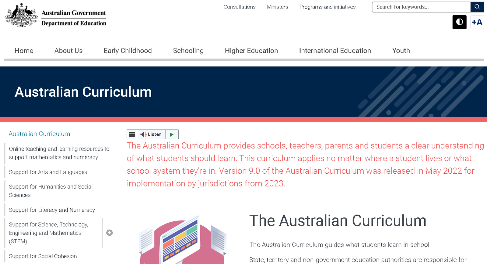 Australian Government Department of Education webpage showing the Australian Curriculum overview and learning resources for schools, teachers, parents, and students.