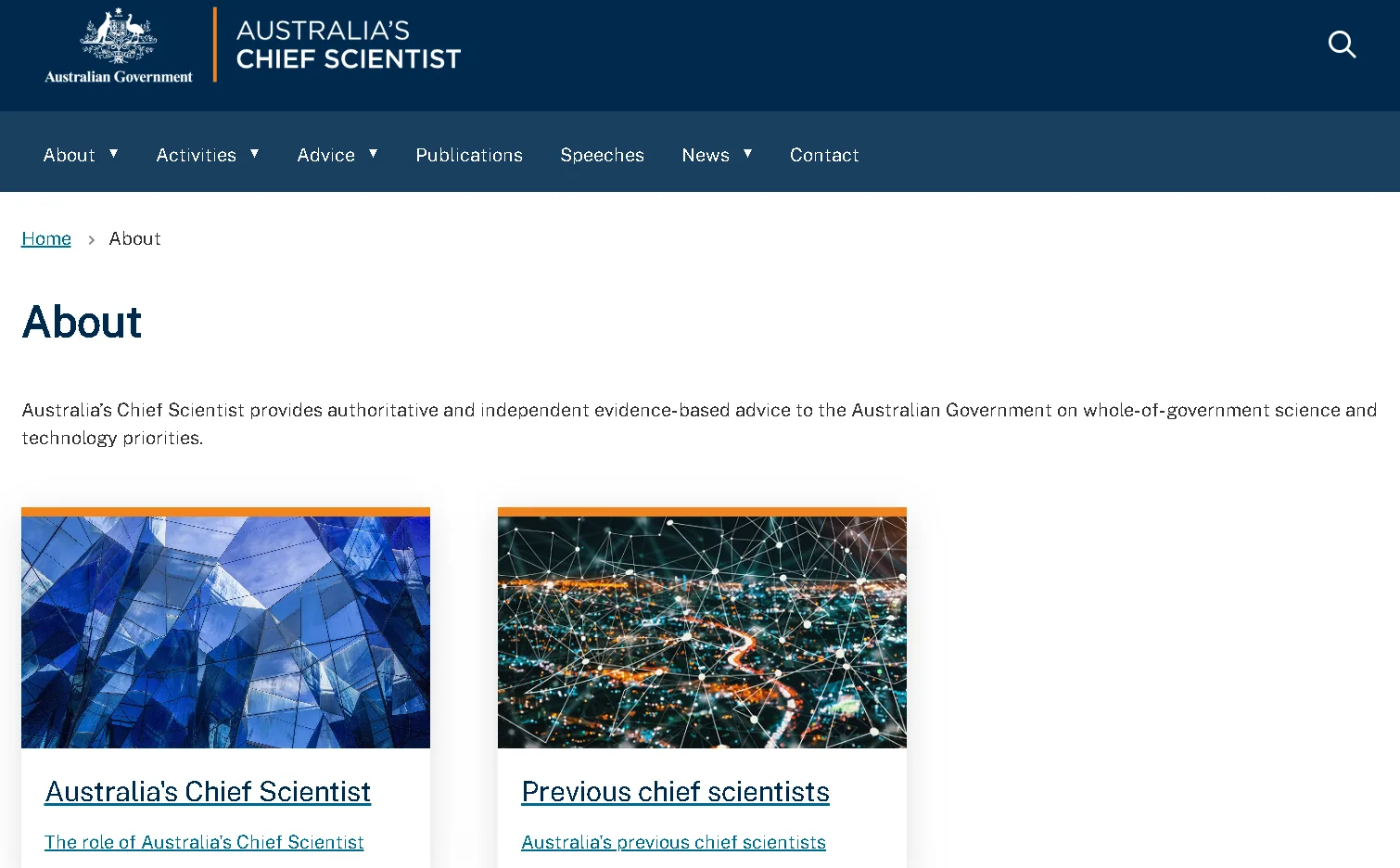 Australia Chief Scientist webpage showing role, responsibilities, and science advisory functions for government policy and innovation