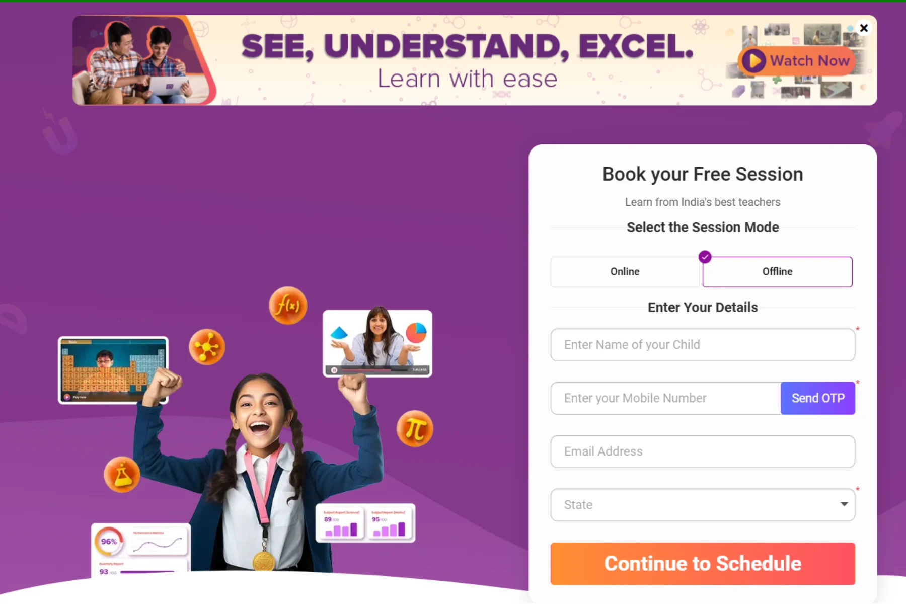 Online tutoring platform homepage showing “See, Understand, Excel” banner, student celebrating with medal, and free session booking form with online and offline options.