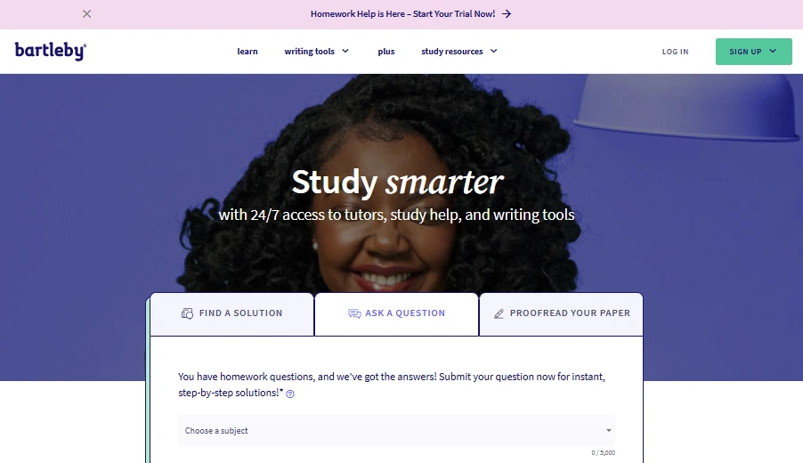 Bartleby homepage screenshot with “Study smarter” headline, promoting 24/7 access to tutors, study help, and writing tools, plus tabs for Find a Solution, Ask a Question, and Proofread Your Paper.