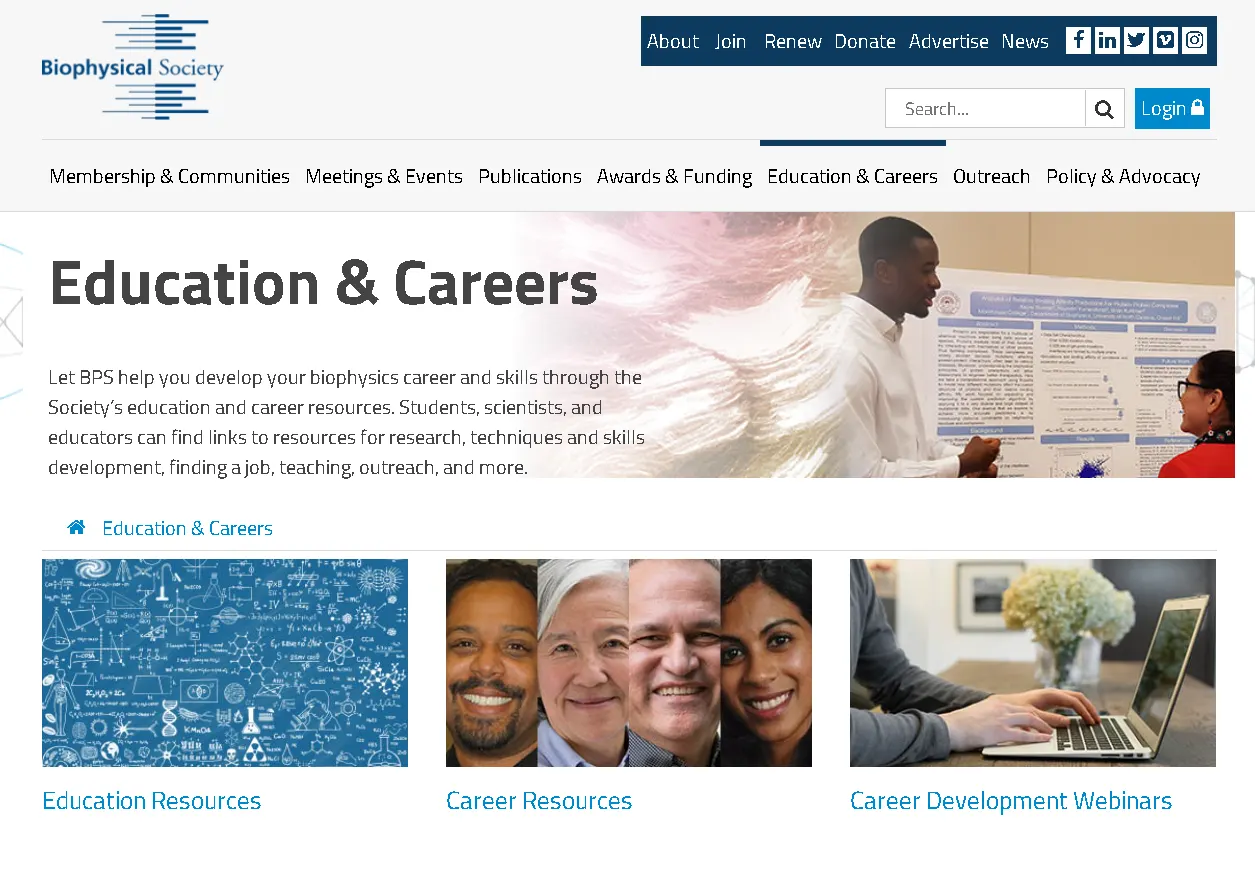 Biophysical Society education and careers page featuring students, scientists, and professional development resources in biophysics