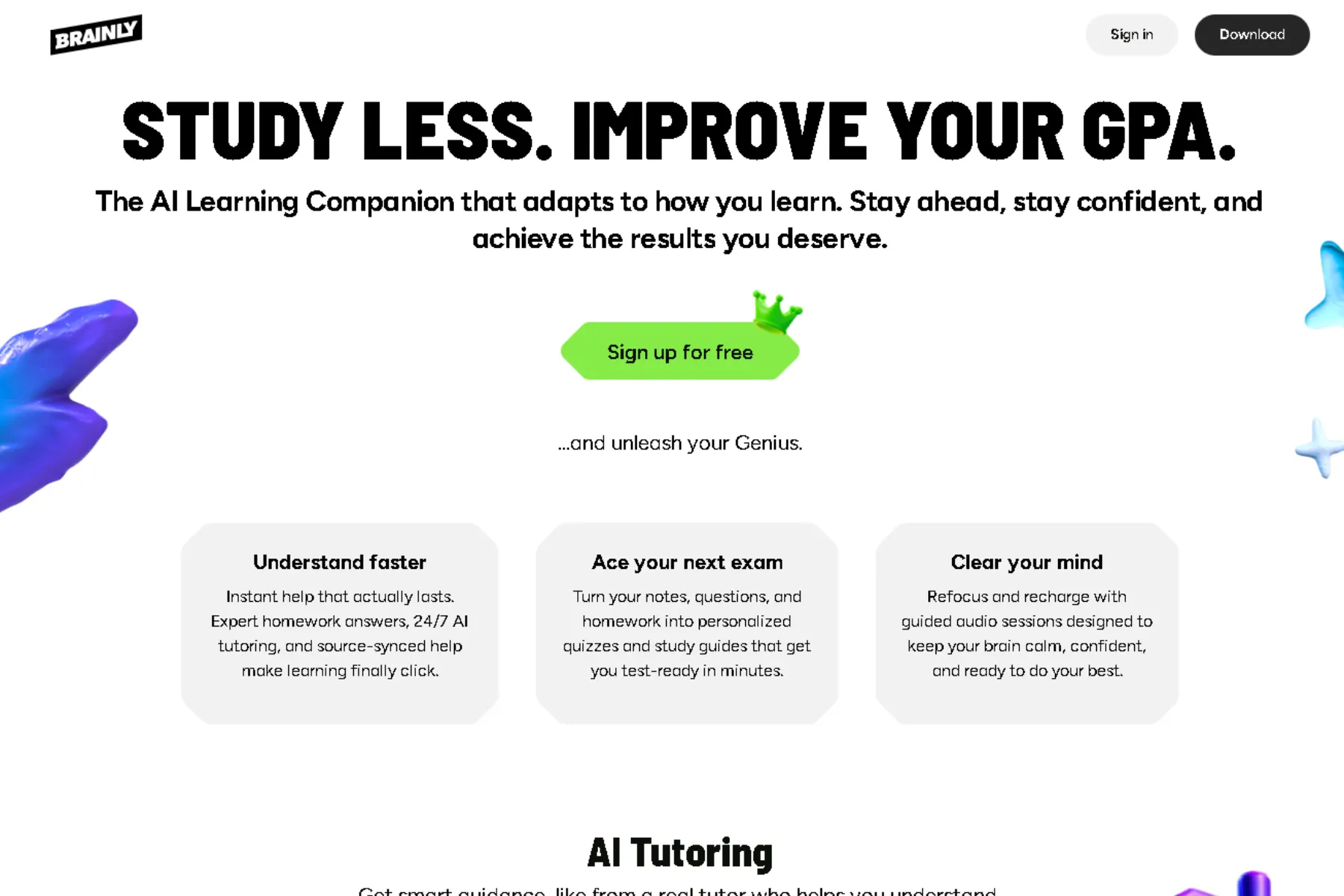 Screenshot of the Brainly homepage hero section with “Study less. Improve your GPA.” AI learning companion message, “Sign up for free” button, and feature cards.