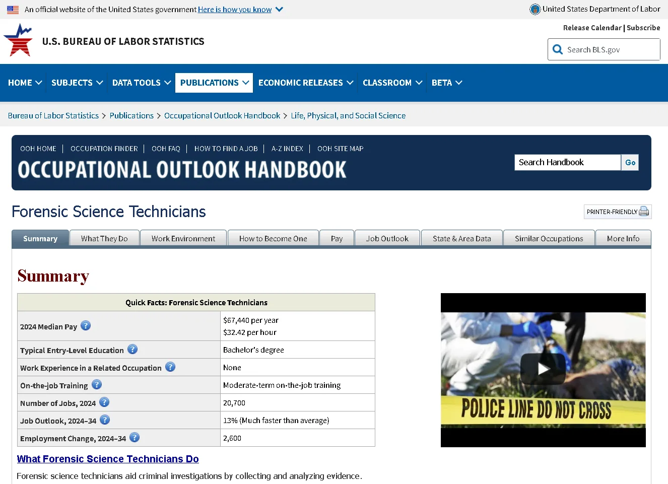 Forensic science technician analyzing evidence in a crime lab, representing BLS career information and occupational outlook data