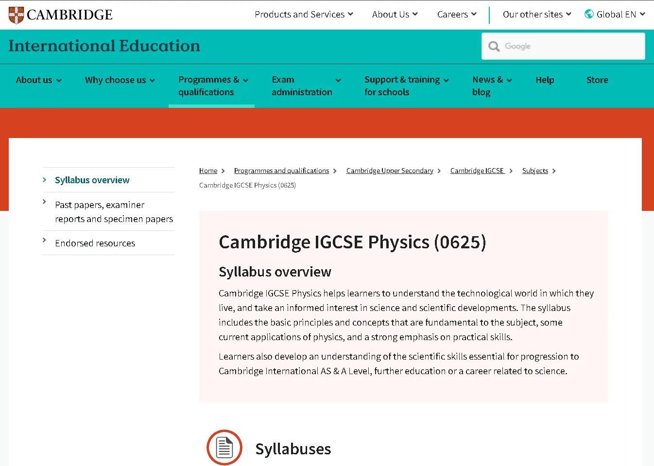 Cambridge IGCSE Physics 0625 syllabus webpage showing course overview, exam syllabus, and physics learning objectives for secondary education