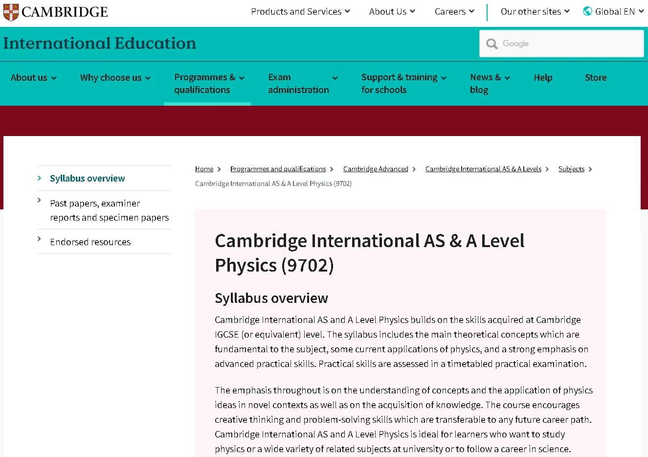 Cambridge International AS and A Level Physics 9702 webpage showing syllabus, practical assessment, and advanced physics curriculum details