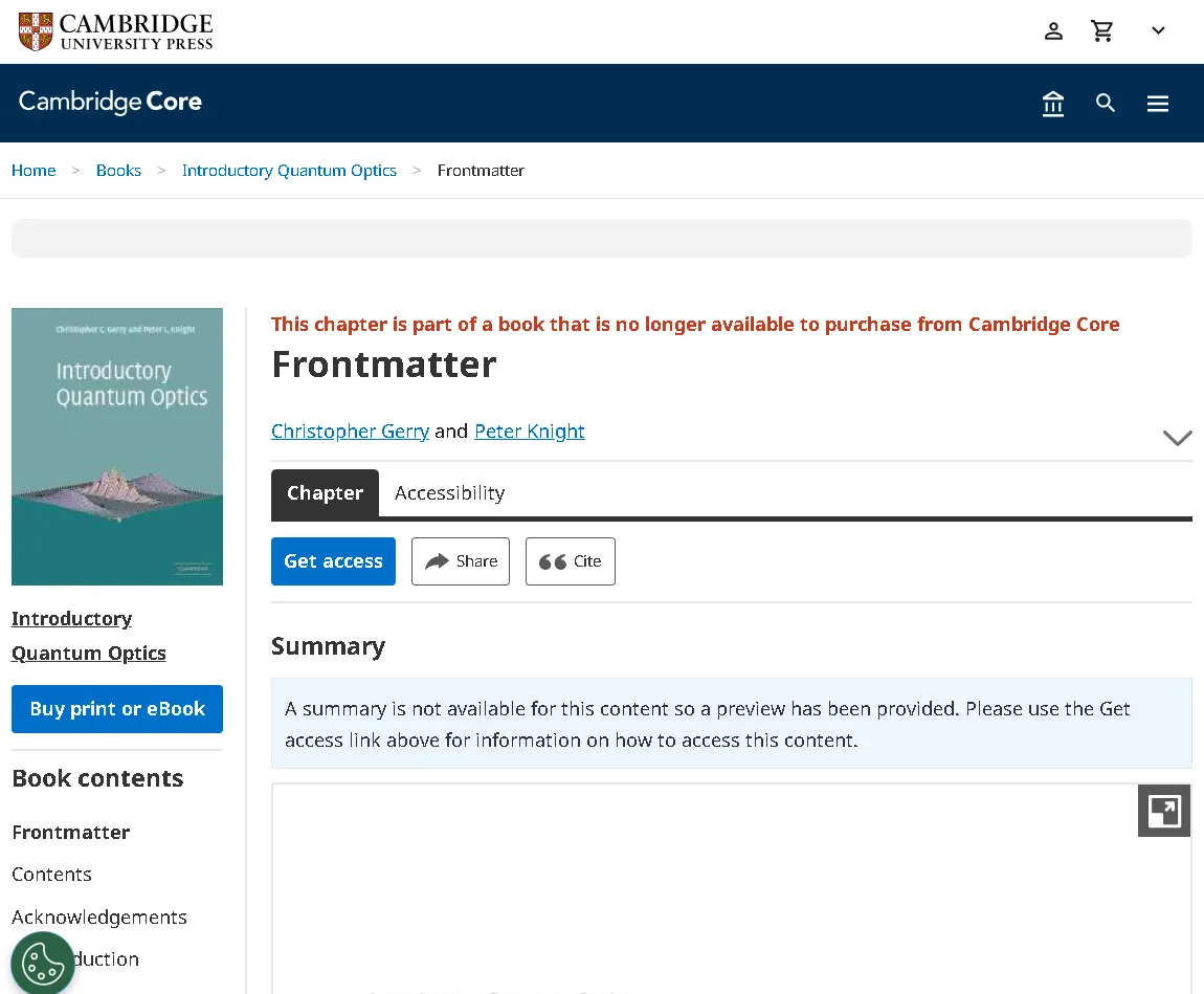 Cambridge Introductory Quantum Optics frontmatter page showing textbook authors, publication details, and physics course content overview