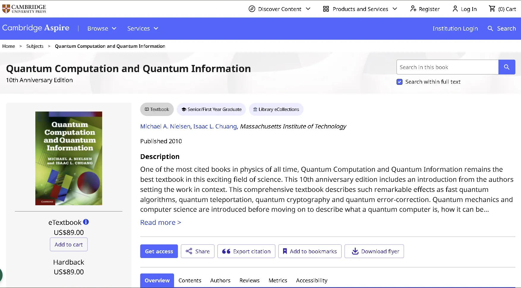 Cambridge Quantum Computation and Quantum Information textbook overview page showing authors, topics, and quantum computing concepts
