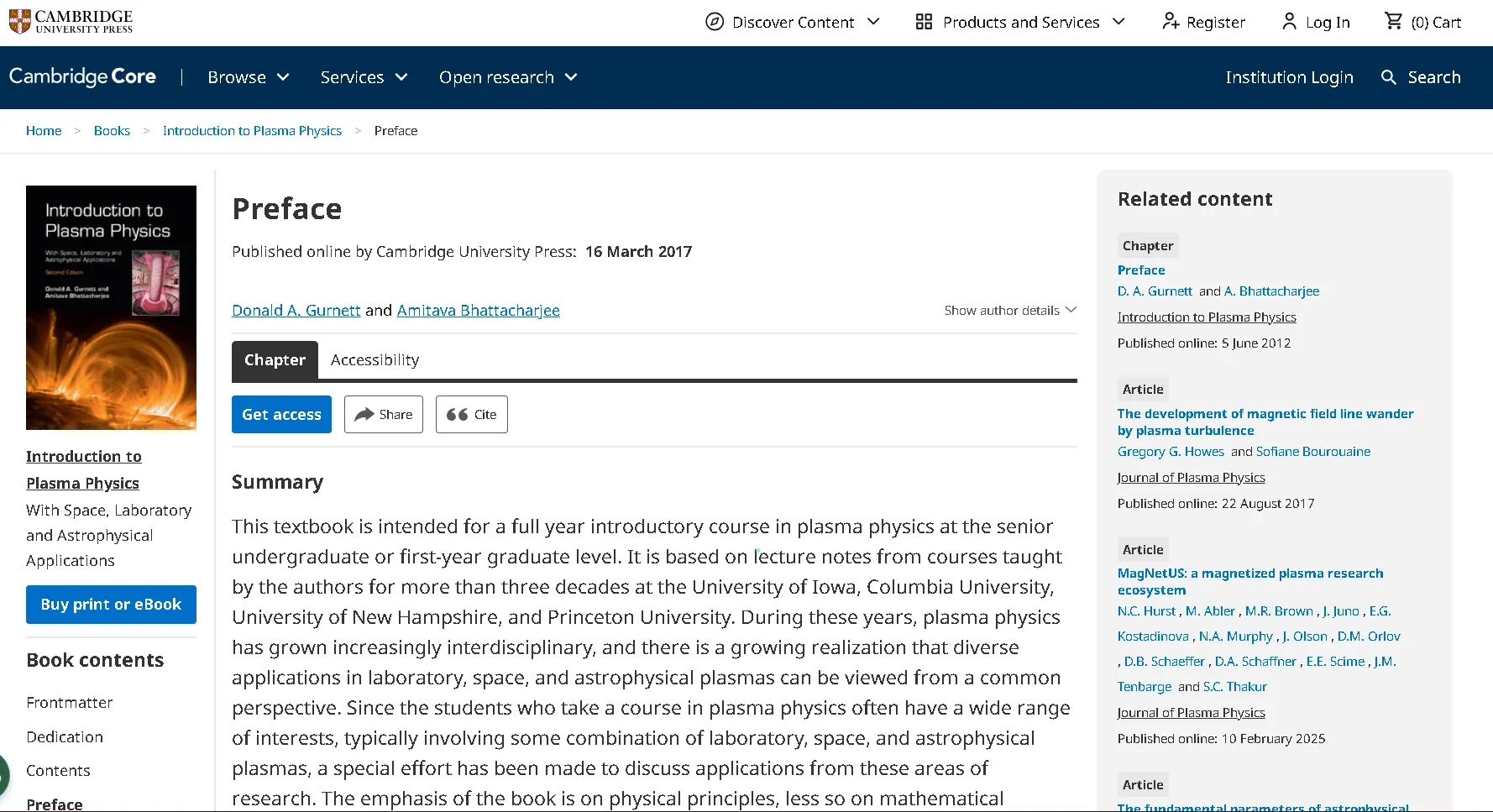 Cambridge Introduction to Plasma Physics preface page outlining course structure, plasma physics topics, and interdisciplinary applications