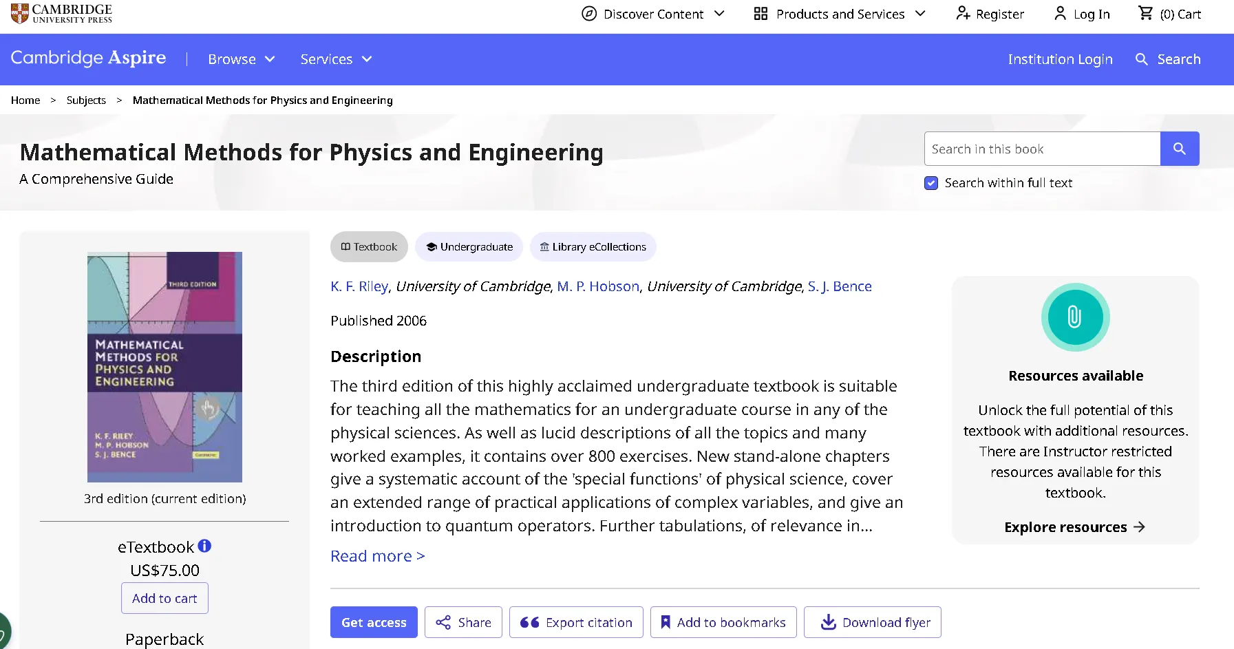 Cambridge University Press Mathematical Methods for Physics and Engineering textbook product page