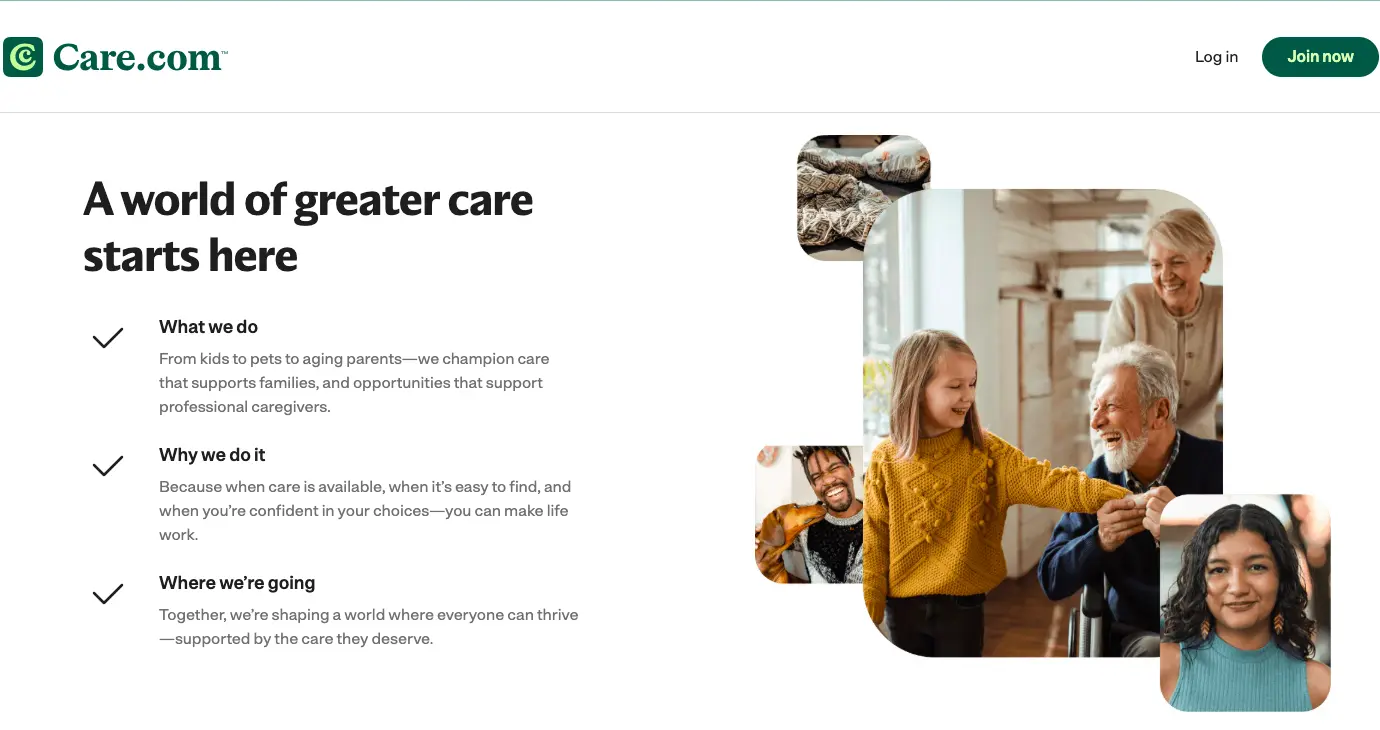 Care.com homepage showing family care services with child, elderly person, and caregiver interactions representing home care support