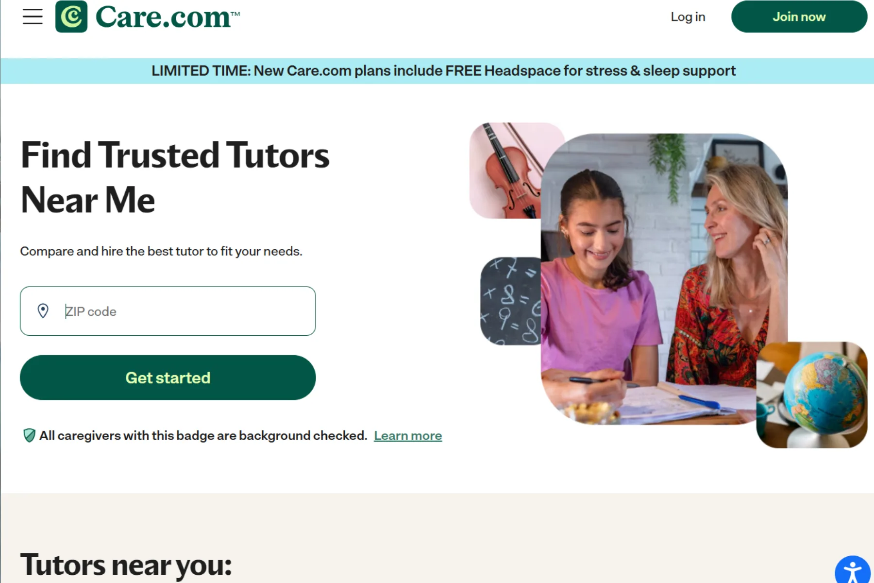 Care.com tutoring page showing “Find Trusted Tutors Near Me” with ZIP code search, get started button, and a tutor helping a student with homework.