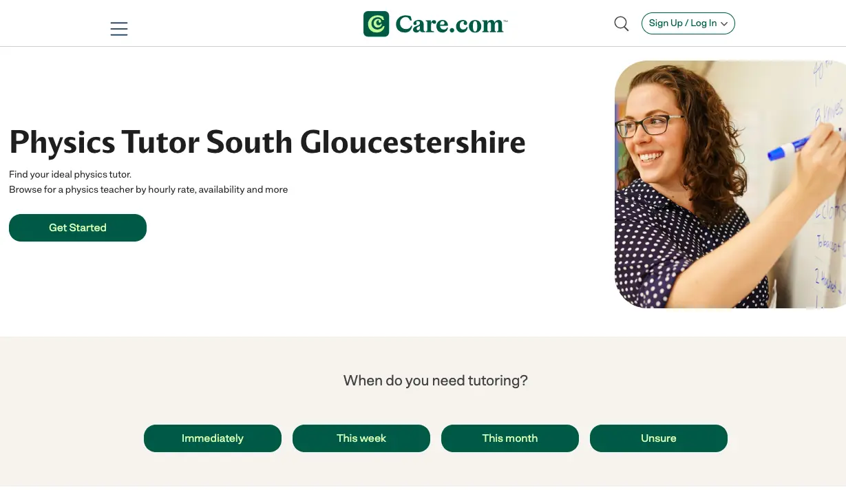 Physics tutor teaching on whiteboard in South Gloucestershire with Care.com tutoring platform interface displayed
