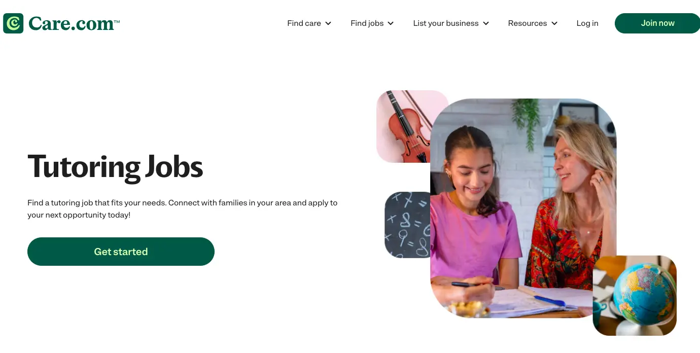 Care.com tutoring jobs page showing student and tutor studying together with resources for finding local tutoring opportunities