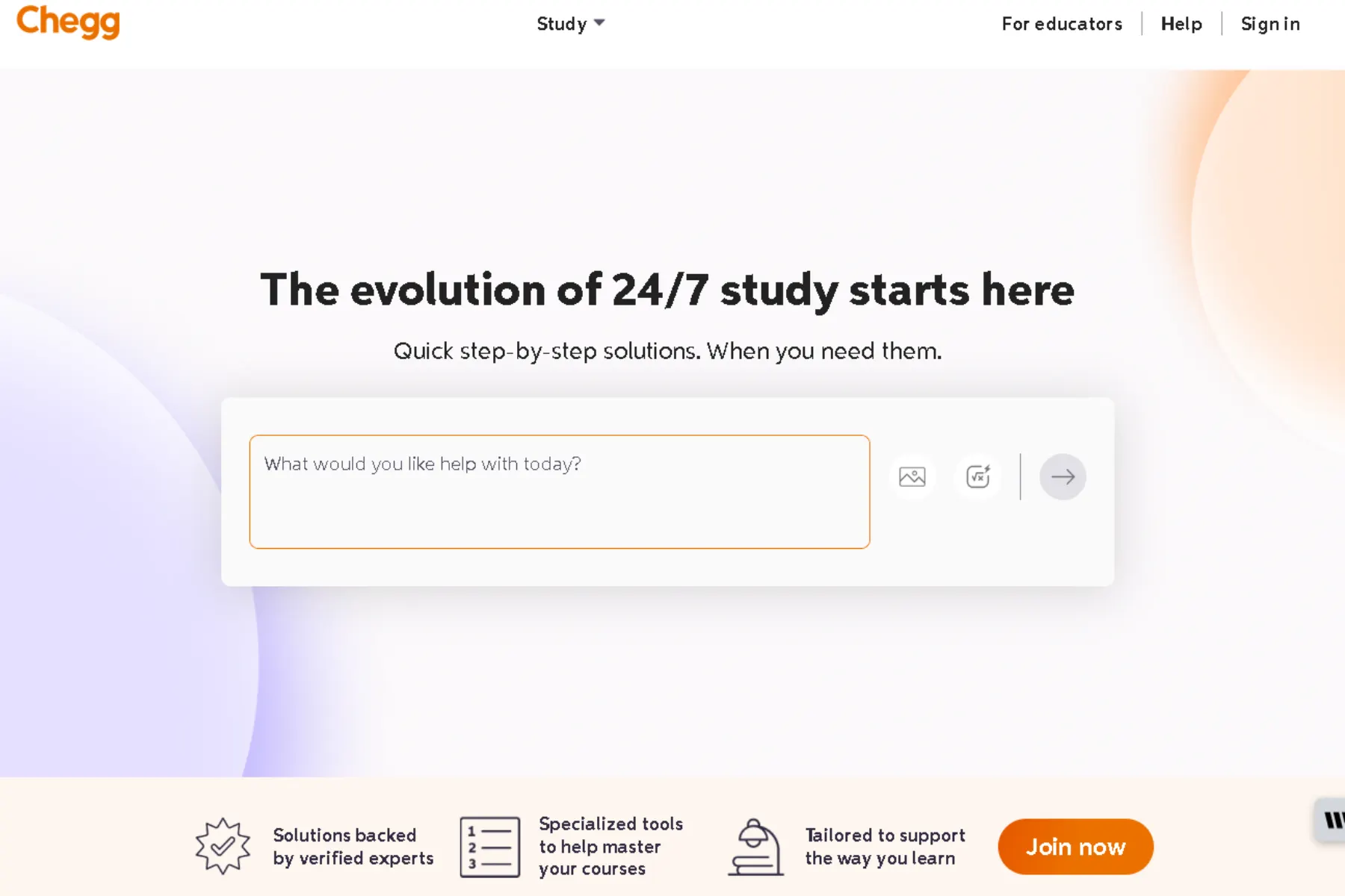 Chegg homepage screenshot showing “The evolution of 24/7 study starts here” with a search box for help, upload icons, and a “Join now” button.