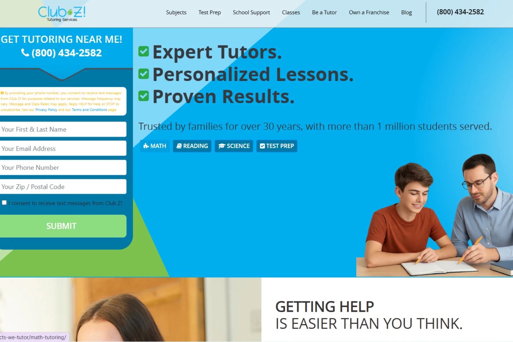 Club Z! Tutoring Services homepage banner highlighting expert tutors, personalized lessons, and proven results with contact form and call-to-action phone number (800) 434-2582.
