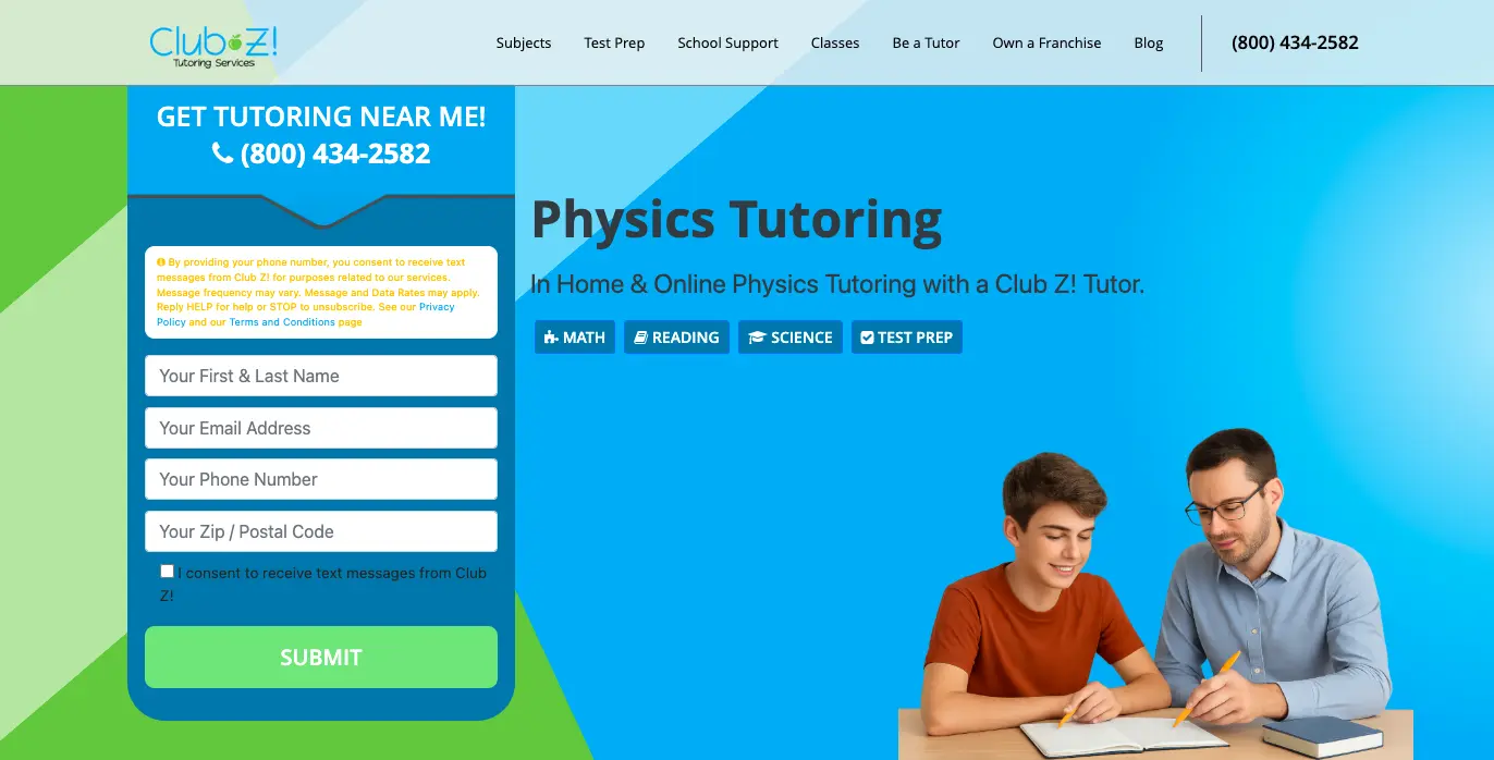 Physics tutoring landing page showing a student and tutor studying together with a sign-up form for in-home and online tutoring services.