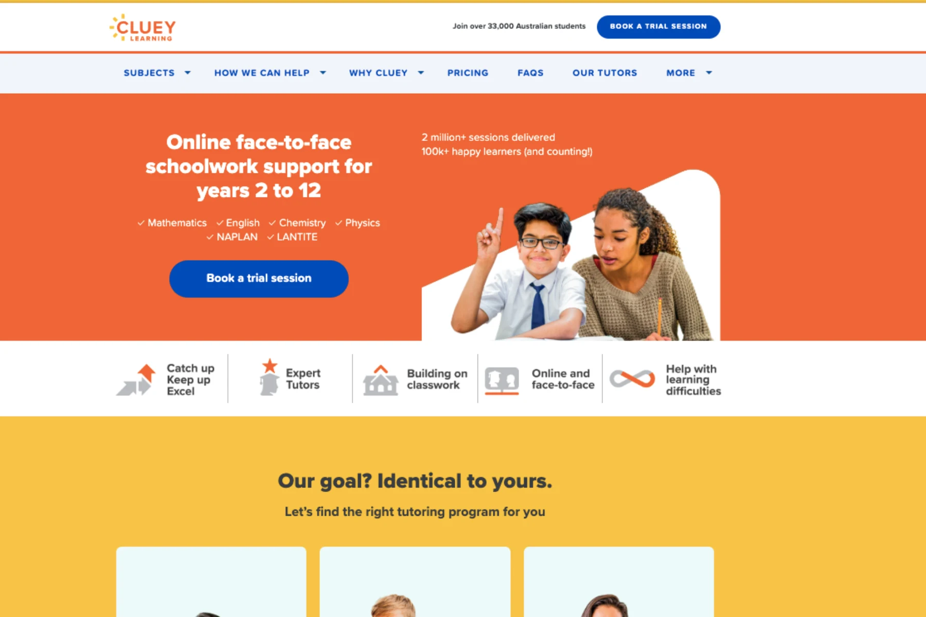 Cluey Learning homepage showing online face-to-face tutoring for Years 2 to 12 in Australia, featuring maths, English, chemistry and physics support with book a trial session button.