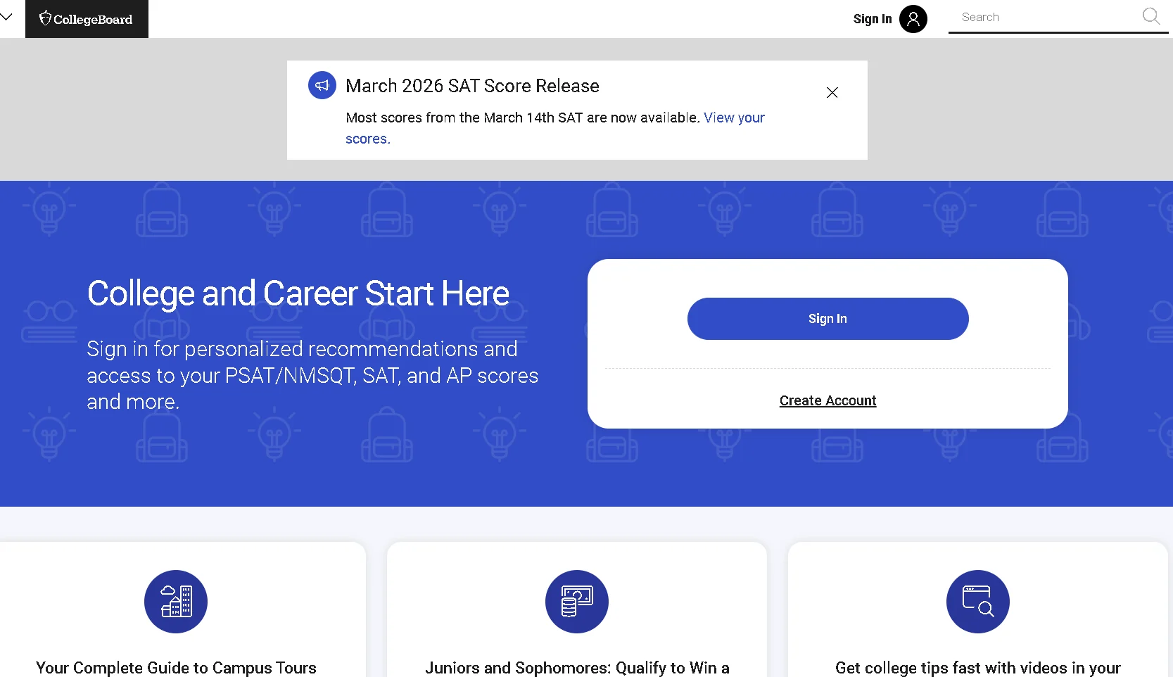 College Board official website showing SAT registration, AP courses, college planning tools, and student resources for higher education